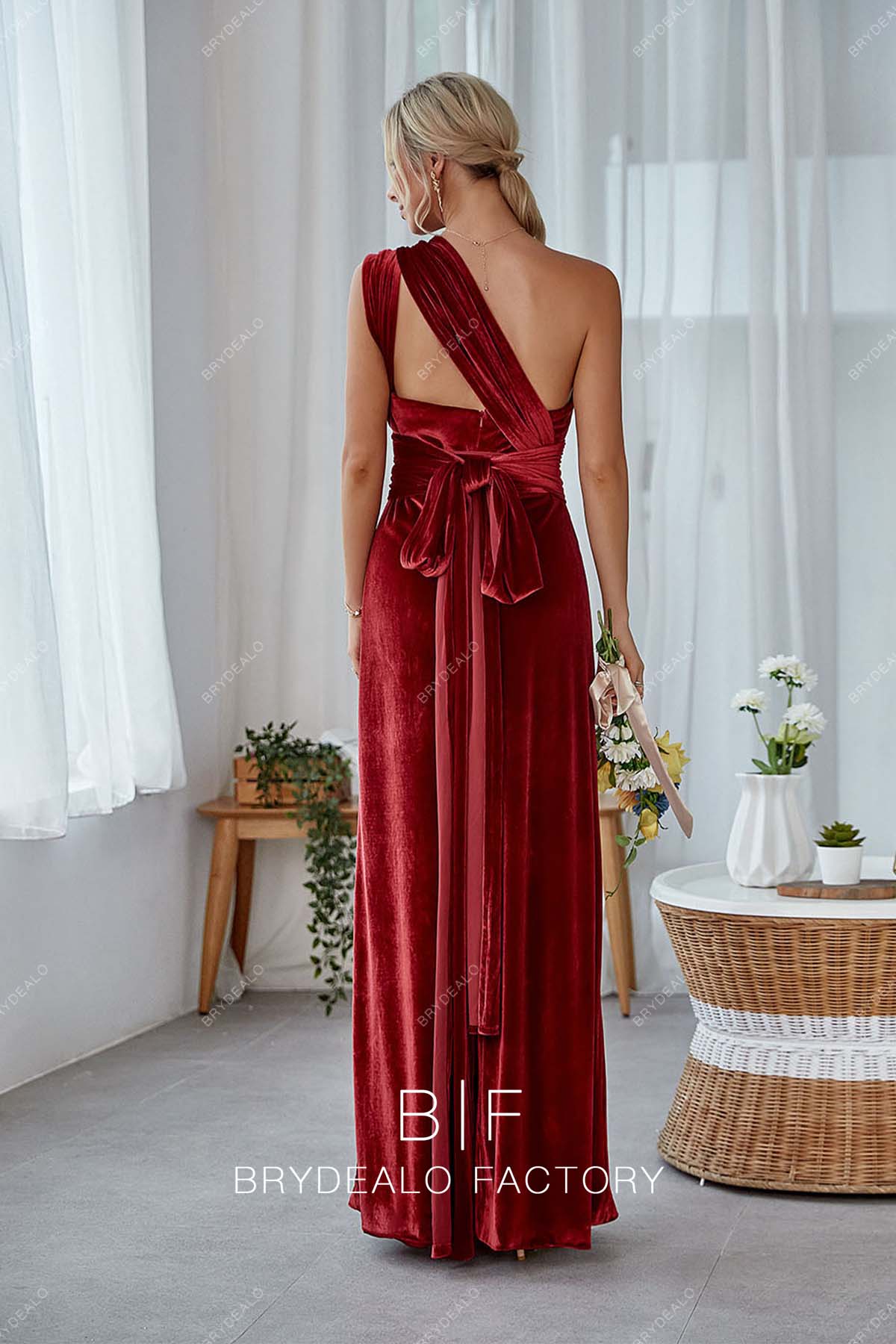 sleeveless floor length velvet red bridesmaid dress