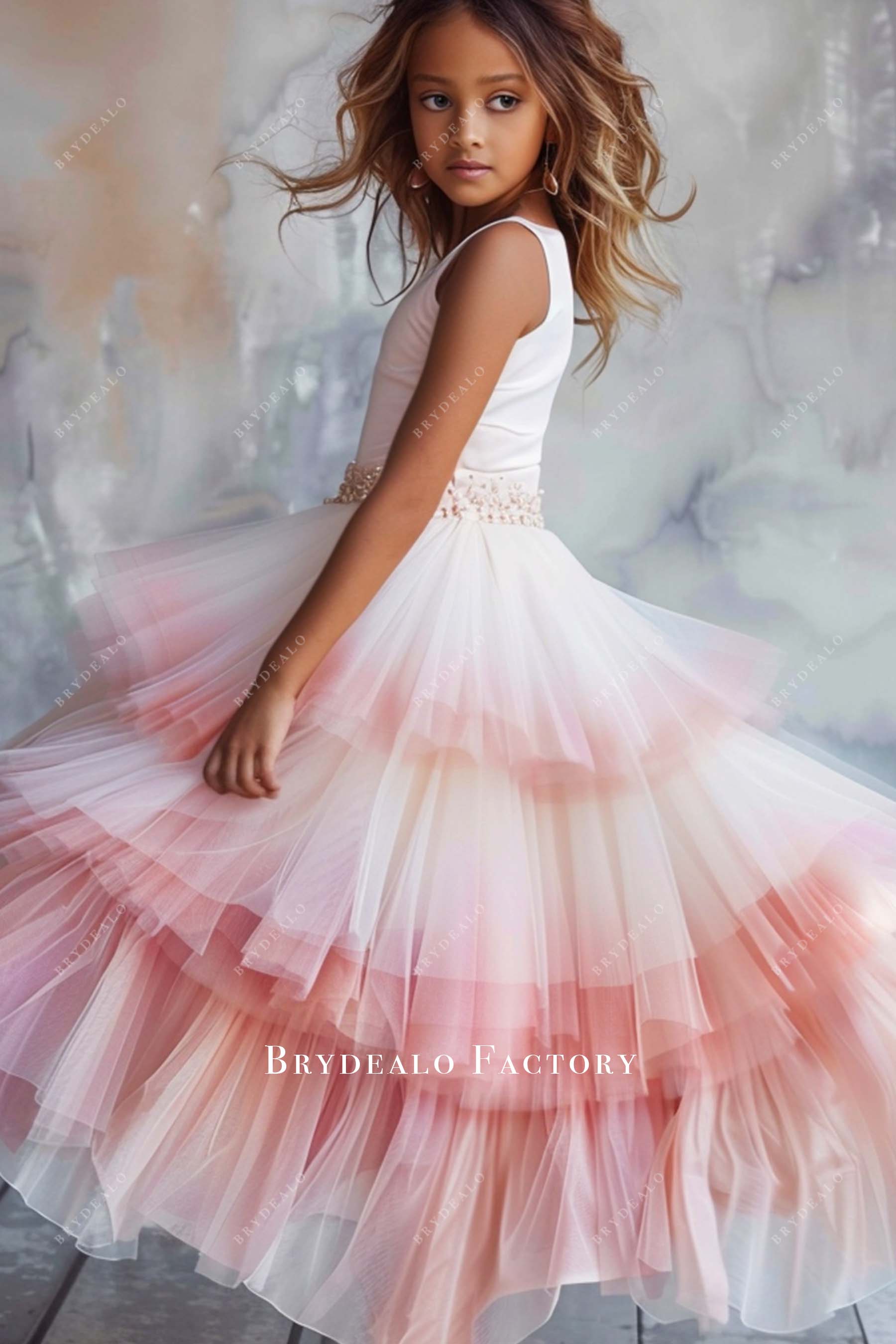 Sleeveless Tiered Tulle Ombre Pink Flower Girl Dress