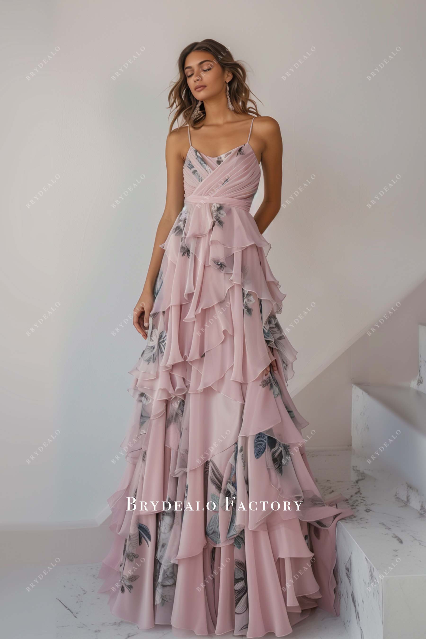Print Chiffon Ruffled A-line Long Bridesmaid Dress