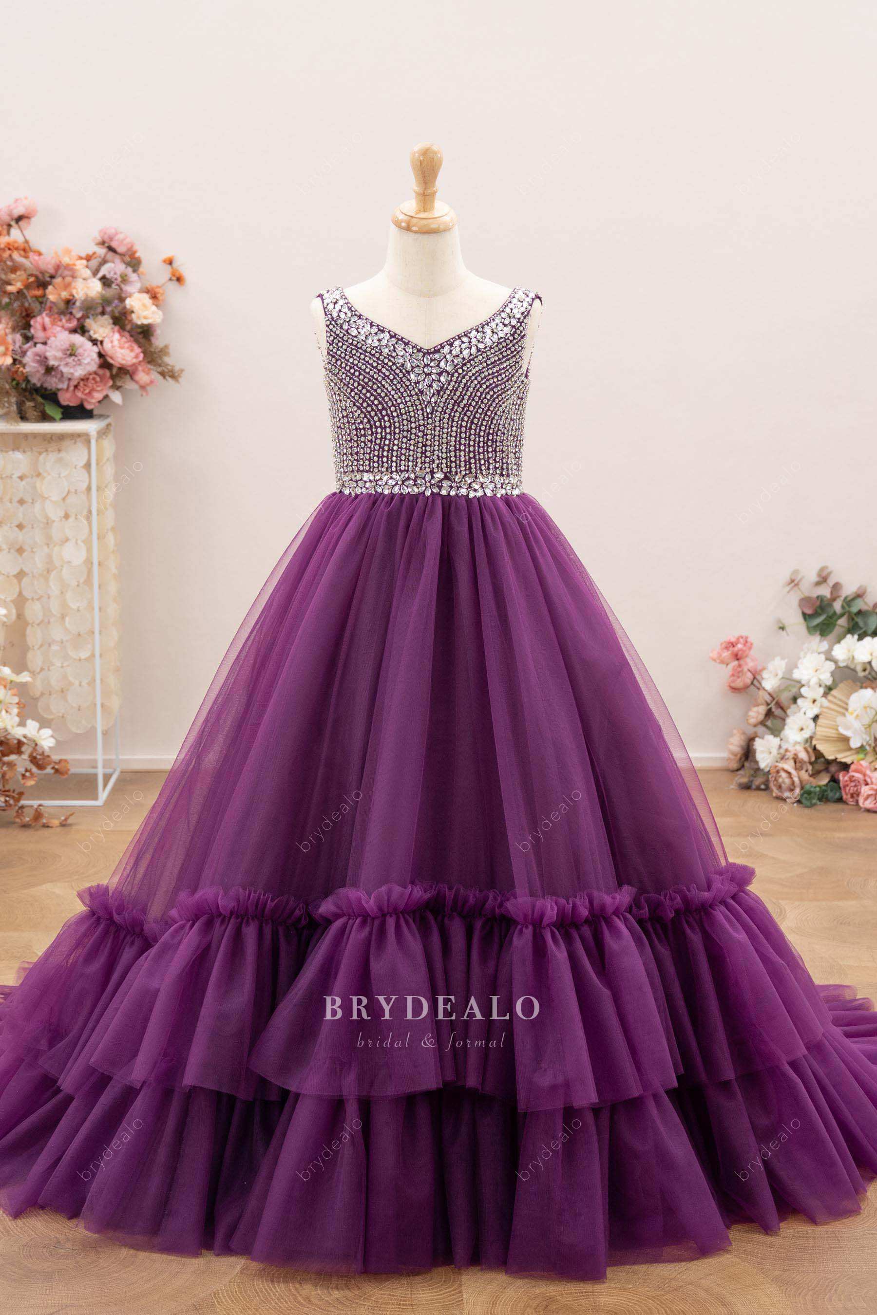 sleeveless grape junior pageant gown