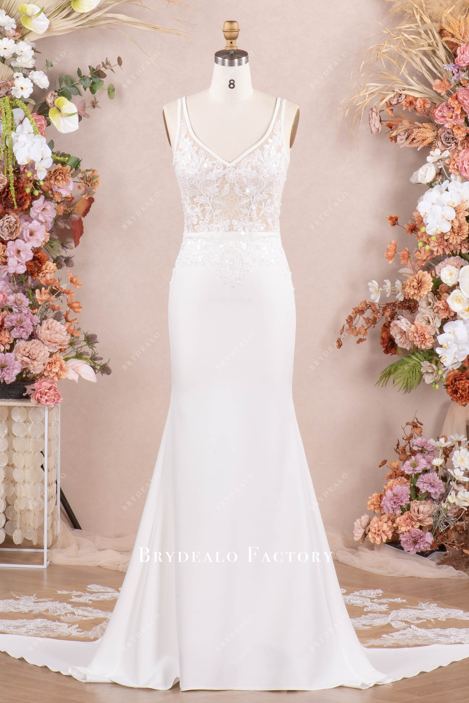 sleeveless lace crepe mermaid wedding dress