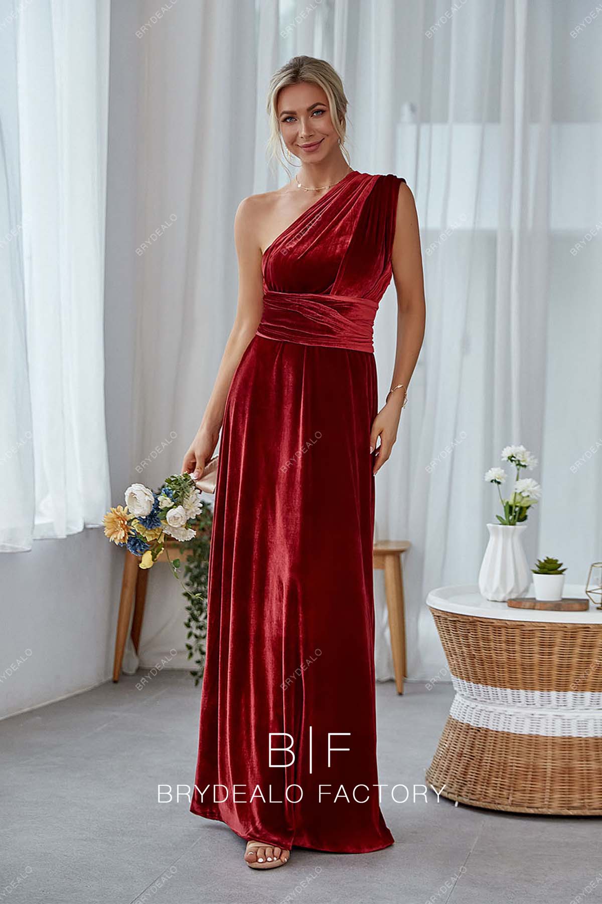 red velvet one shoulder long bridesmaid dress