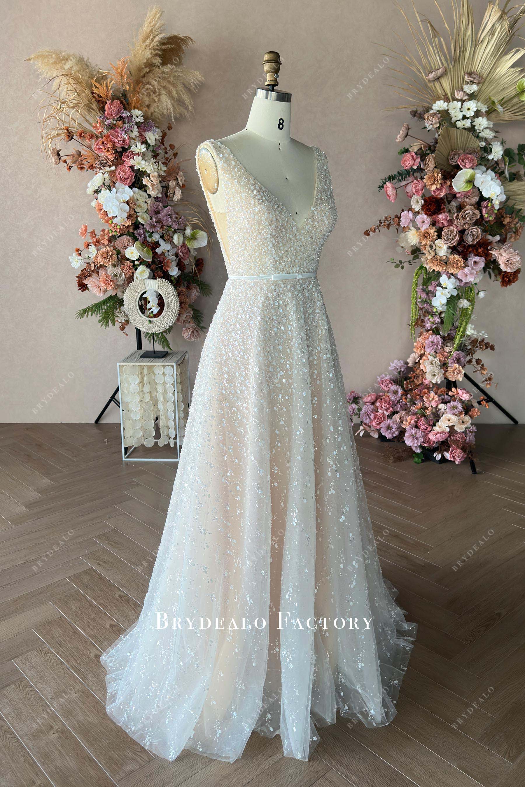 sleeveless nude beige wedding dress