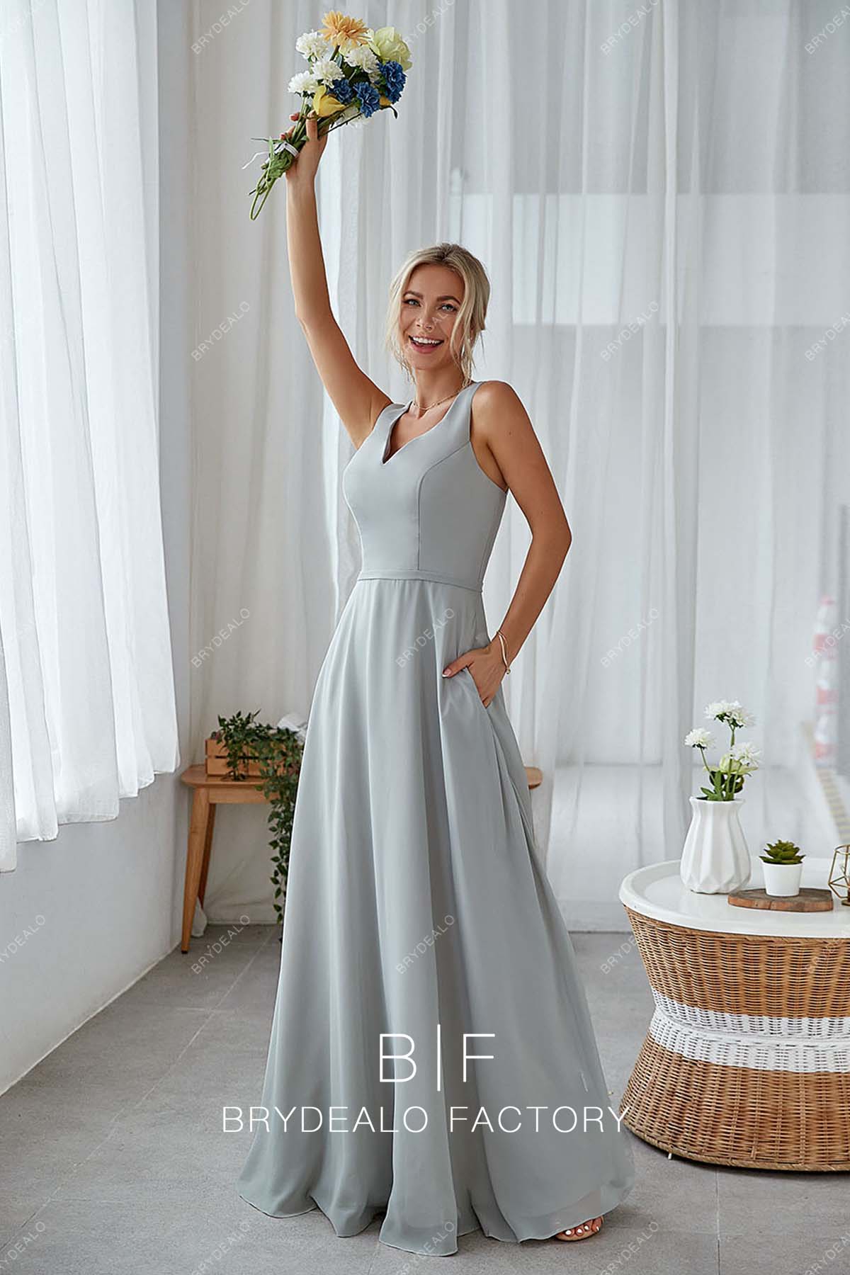 Grey Floor Length Chiffon Pockets Bridesmaid Dress
