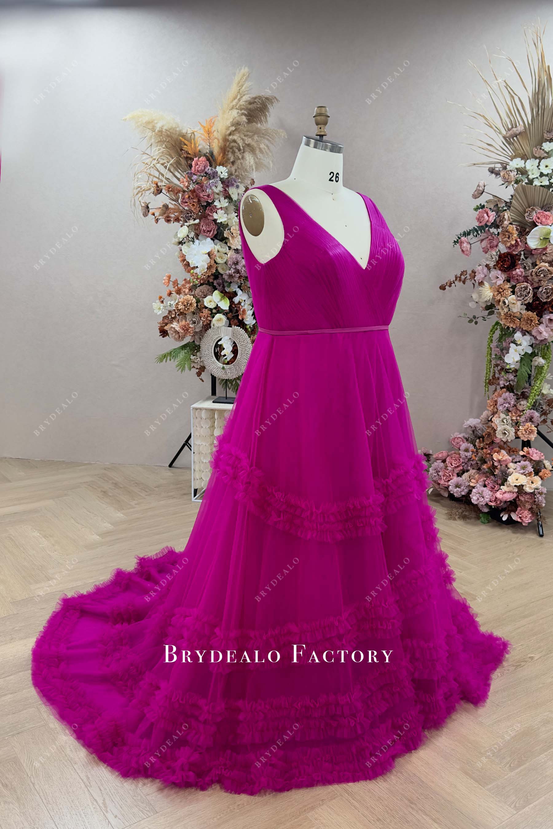 sleeveless ruffled A-line hot pink tulle prom dress