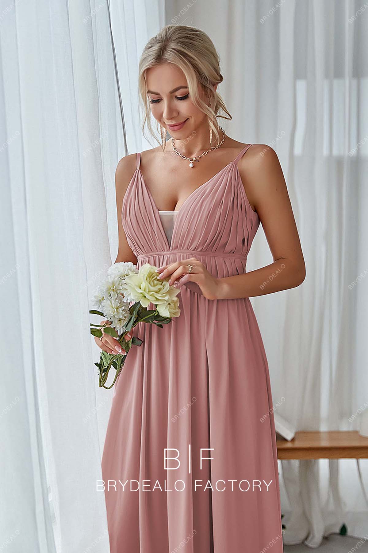 sleeveless pink spaghetti straps bridesmaid dress