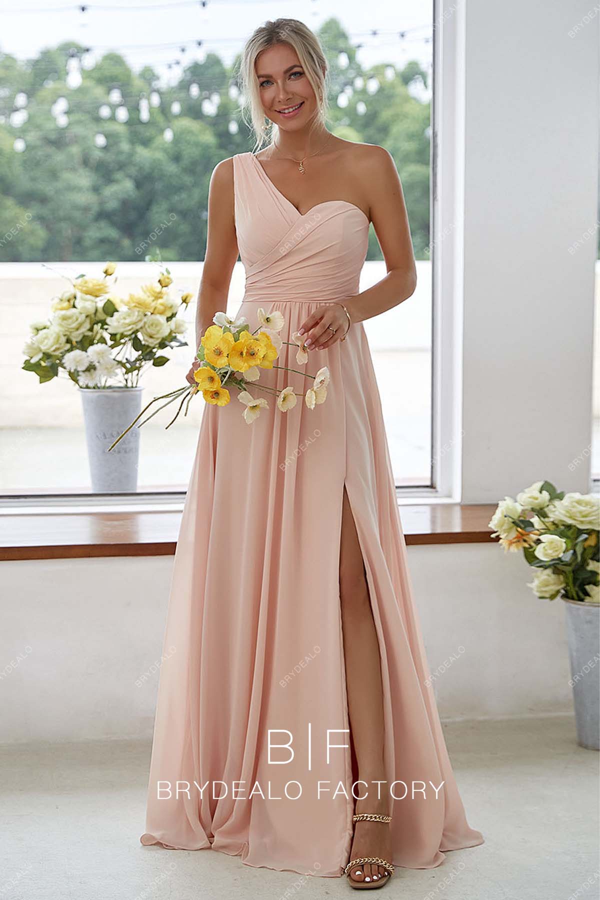 Peach One Shoulder Pleated Chiffon Slit Floor Length Bridesmaid Dress