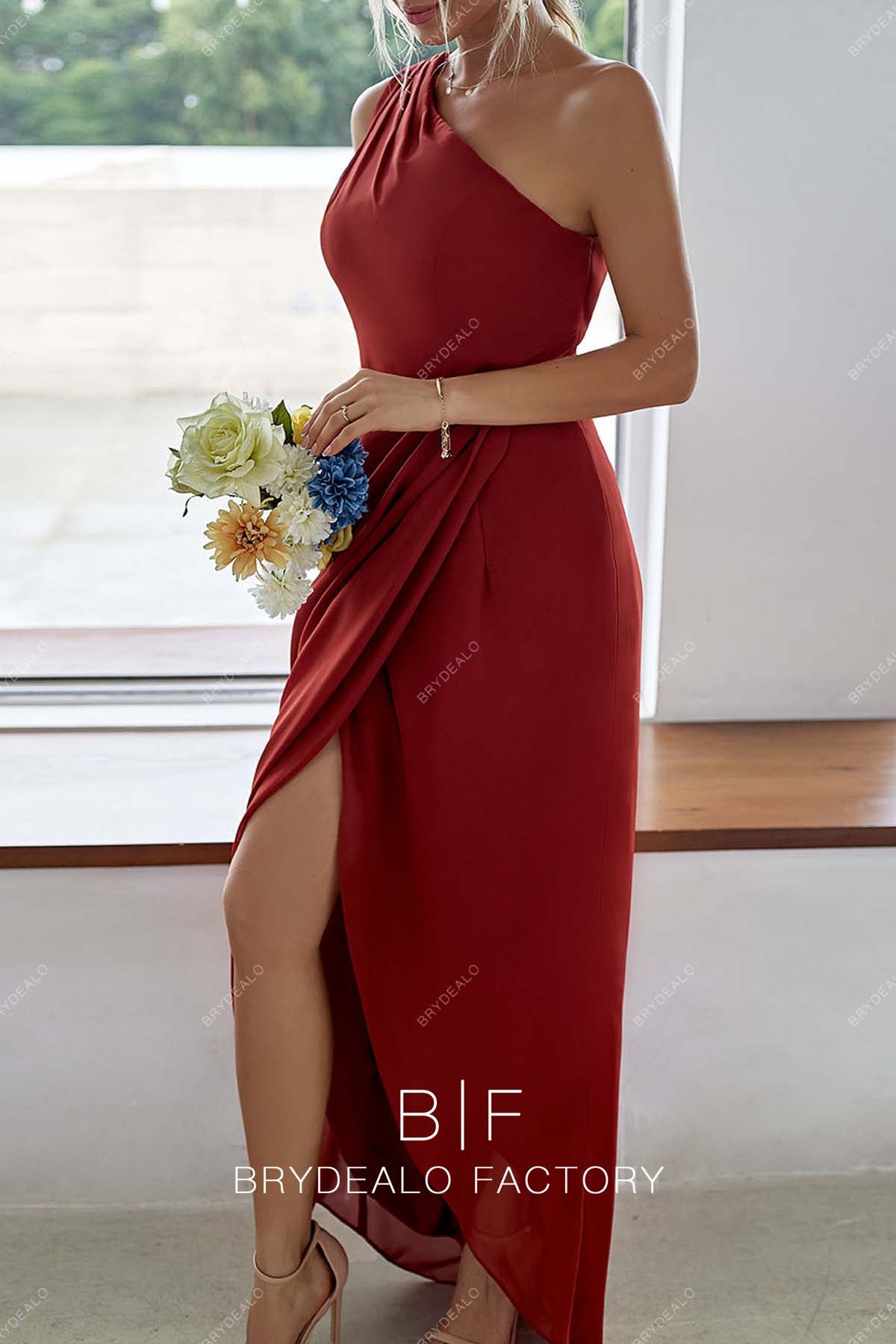 sexy slit chiffon red A-line bridesmaid gown