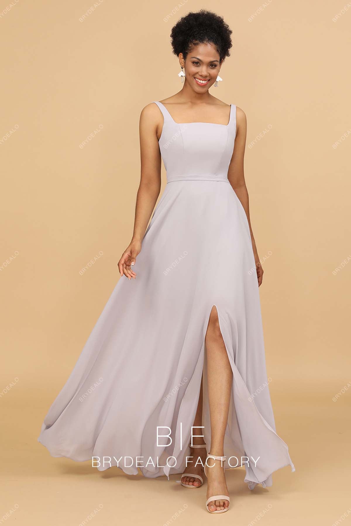 slit chiffon A-line square neck silver bridesmaid dress