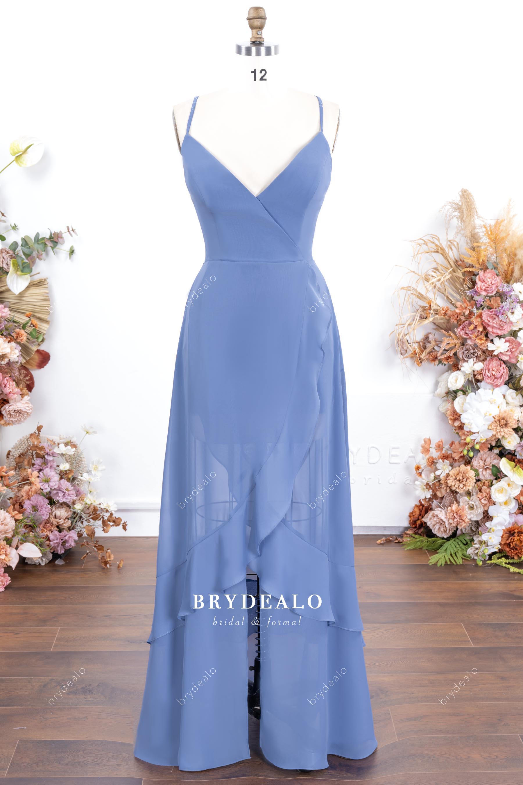 slit flowing chiffon ruffled bridesmaid dress