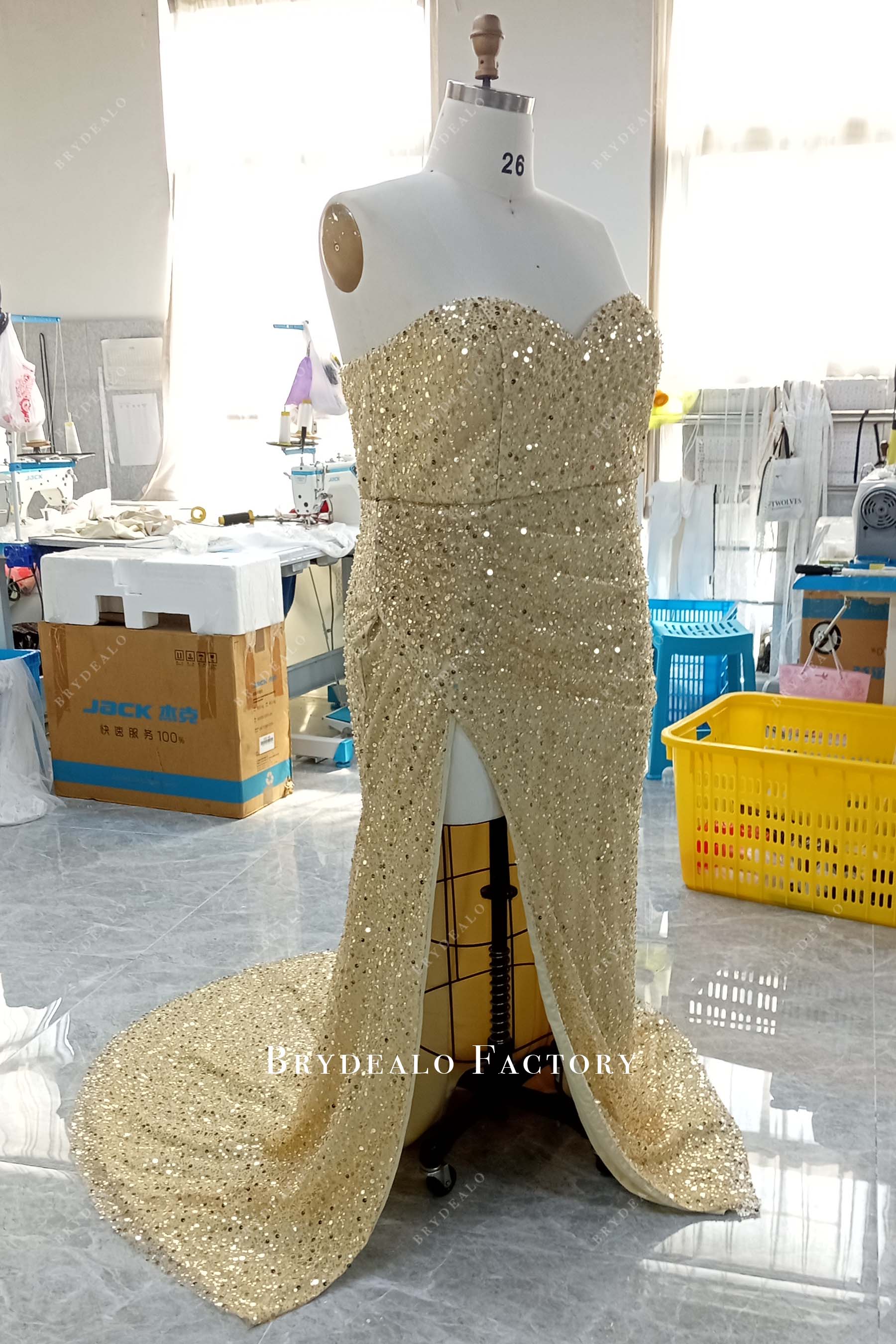 Sexy Slit Champagne Gold Sequin Dress