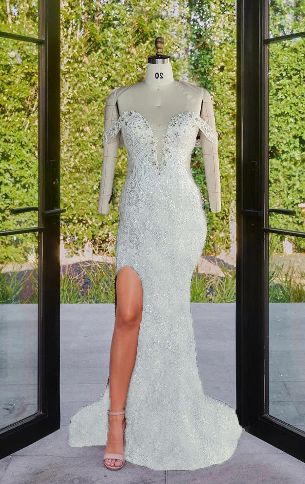 plunging neck slit mermaid wedding dress