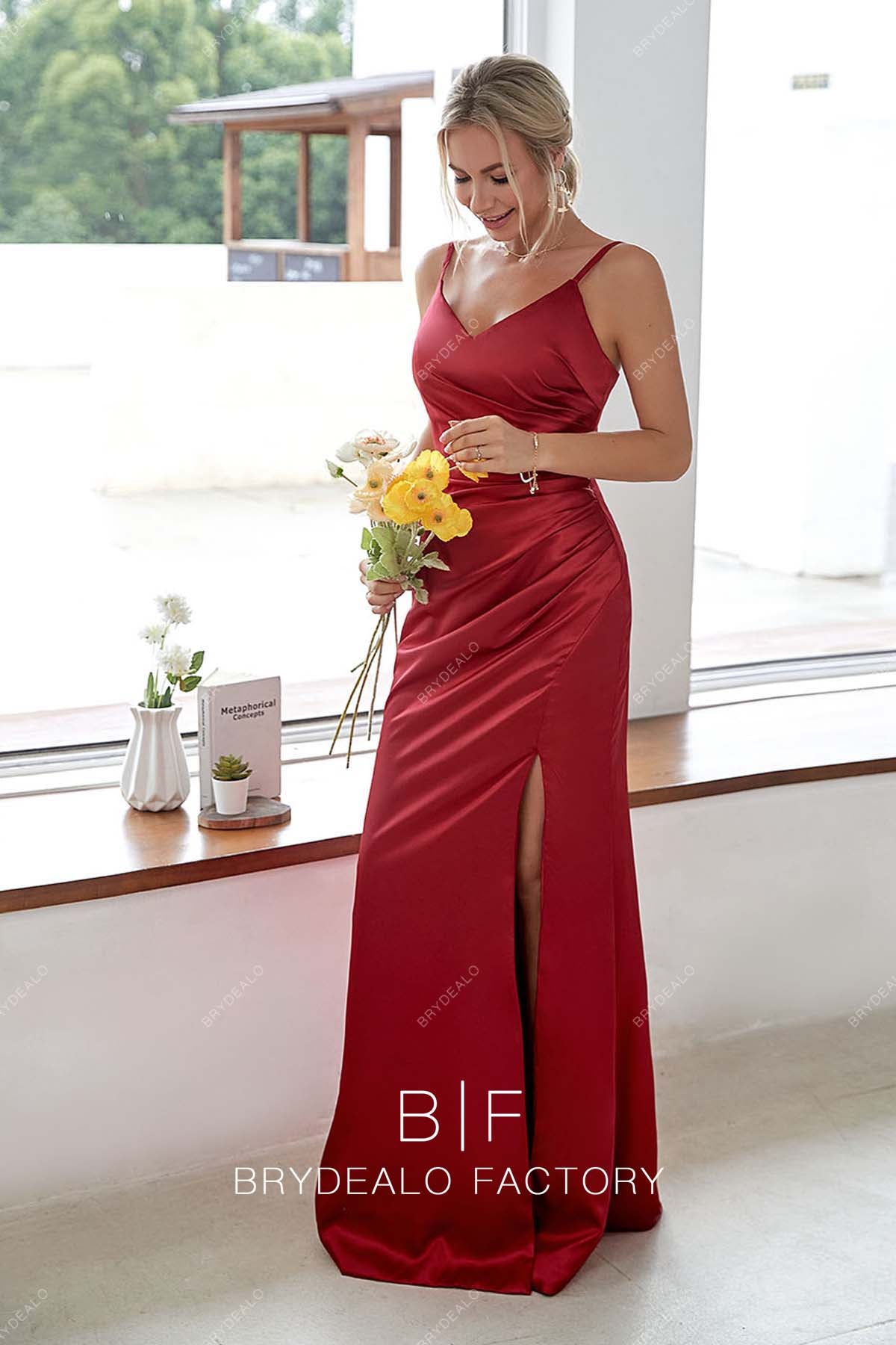 sexy slit fit and flare long red bridesmaid dress