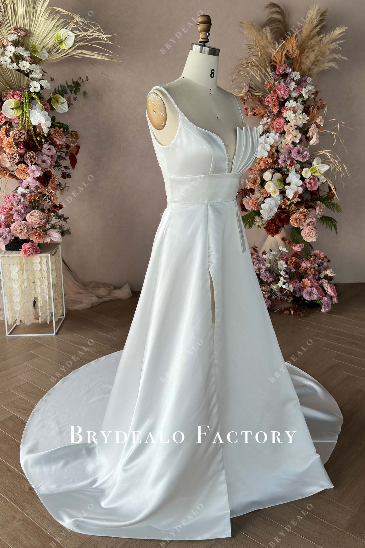 sexy slit white satin wedding gown