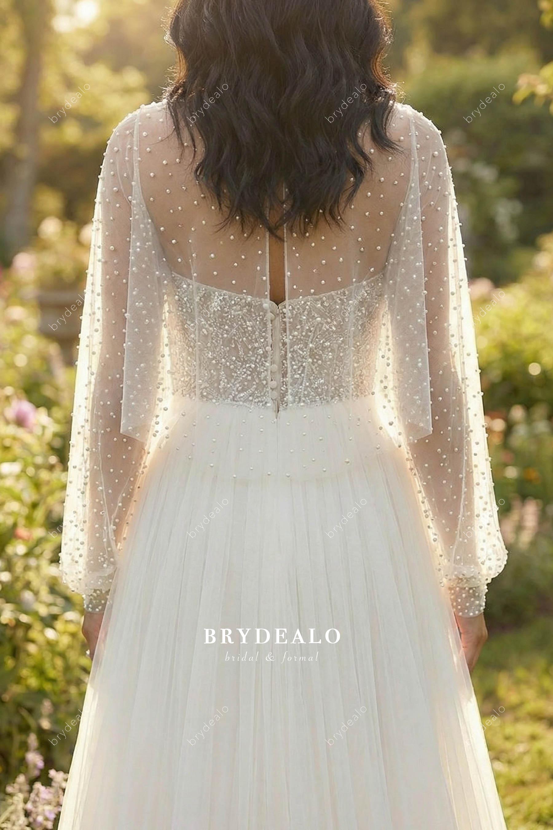 small pearl cape wedding dress