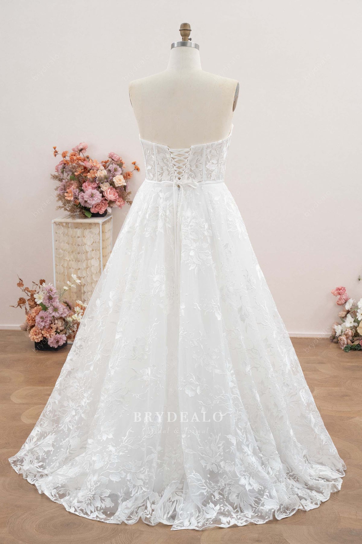 small train flower lace wedding dress