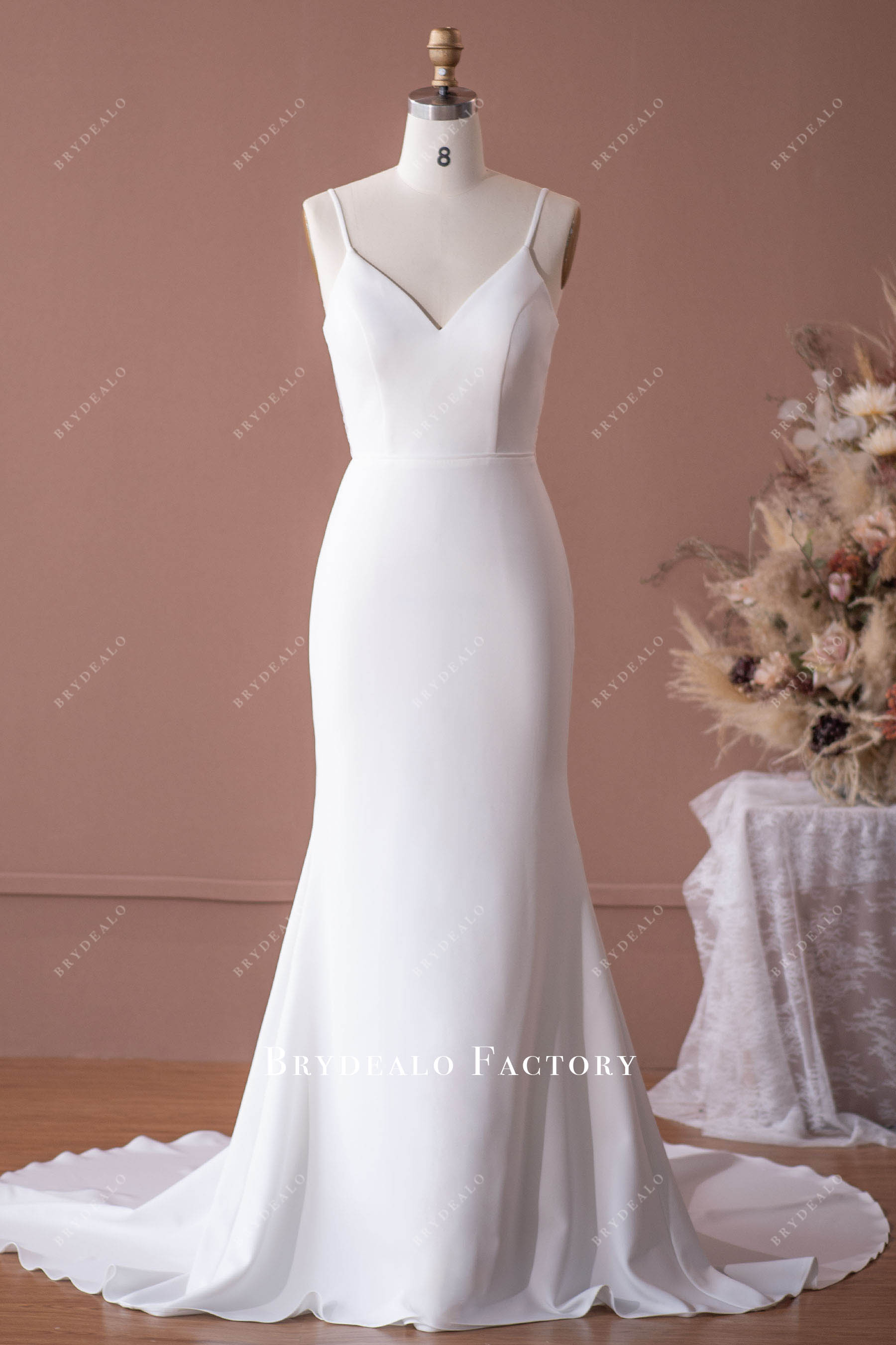 spaghetti strap crepe mermaid wedding dress