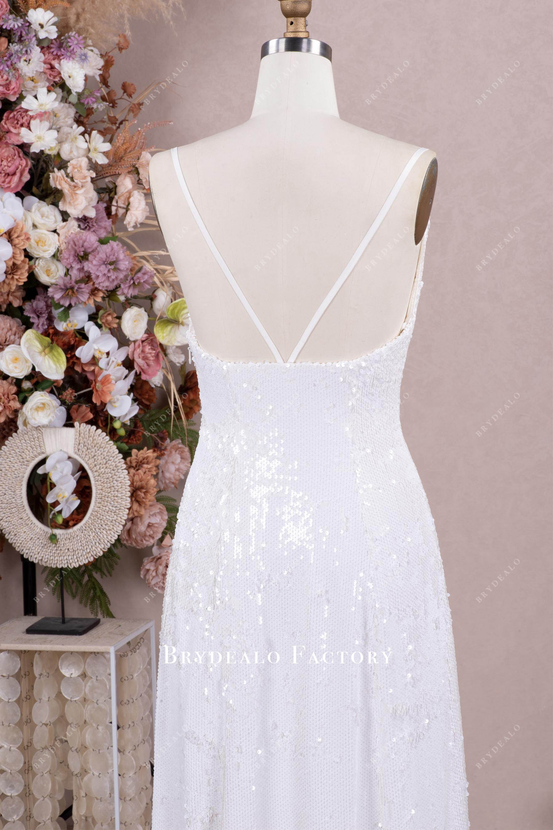 spaghetti straps back sequin wedding dress