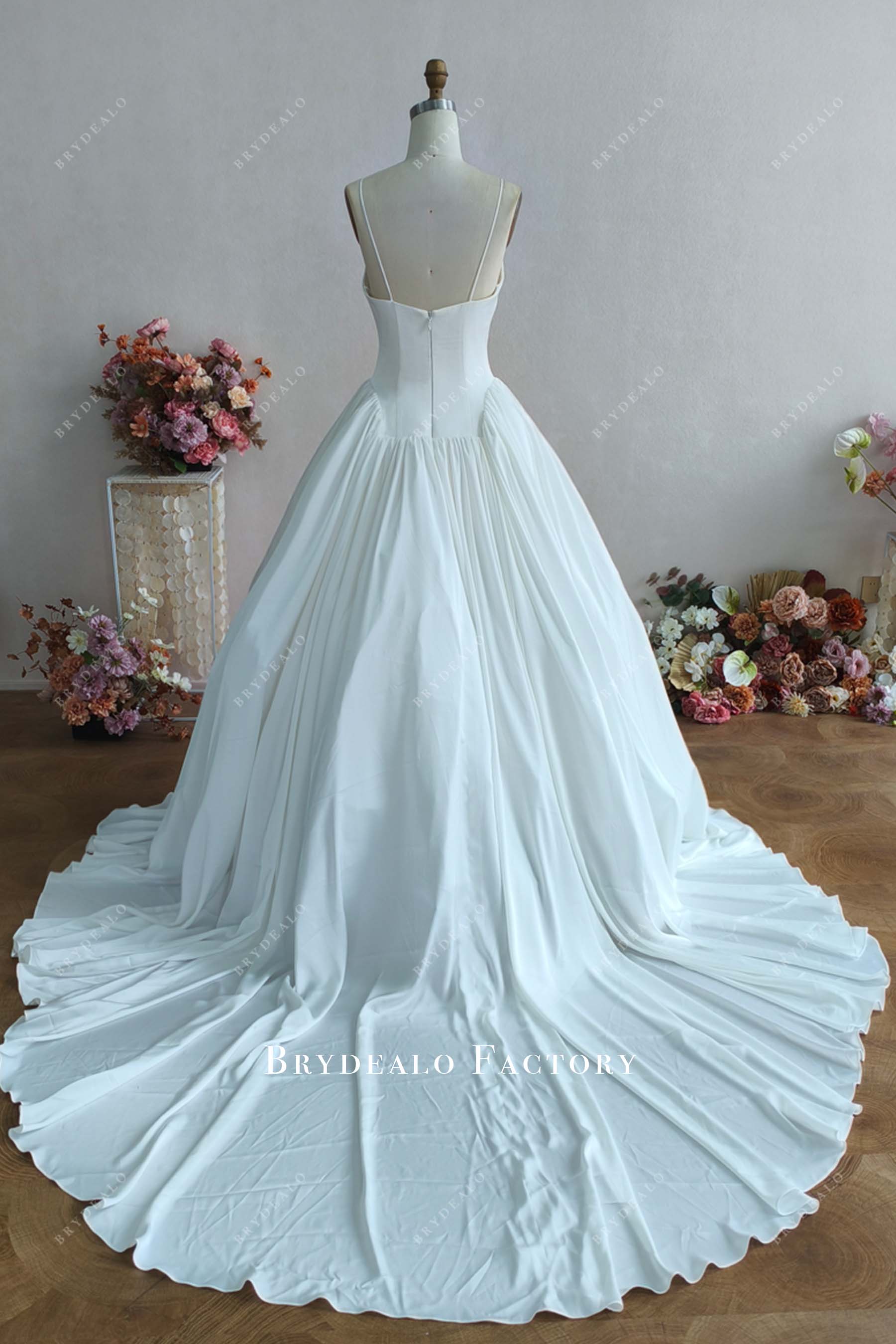spaghetti straps long train satin wedding dress