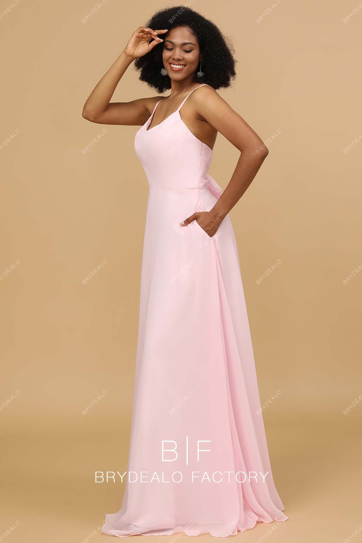 Spaghetti Straps Pink Chiffon Pocket Floor Length Bridesmaid Dress