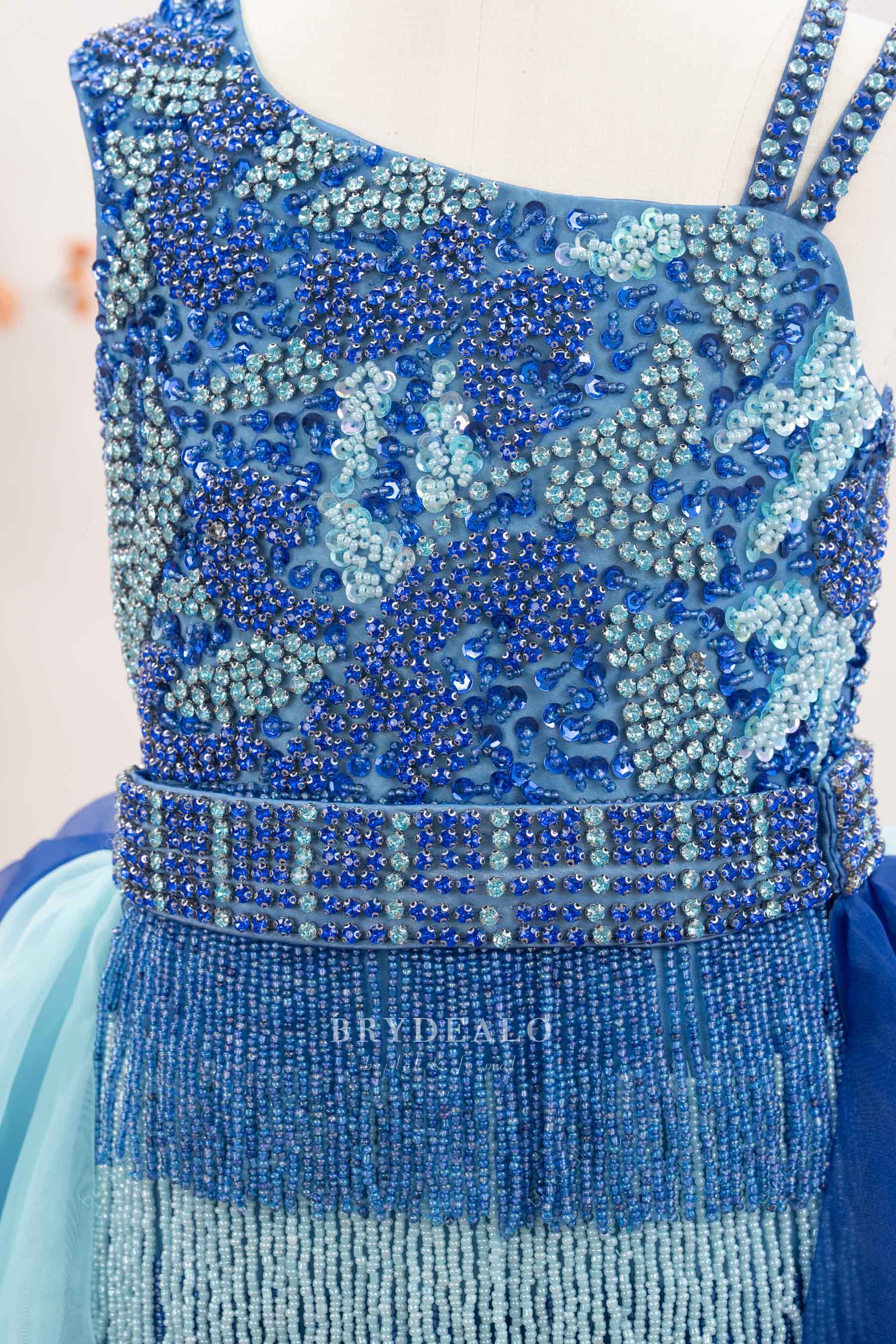 sparkly beaded asymmetric neck teen pageant dress