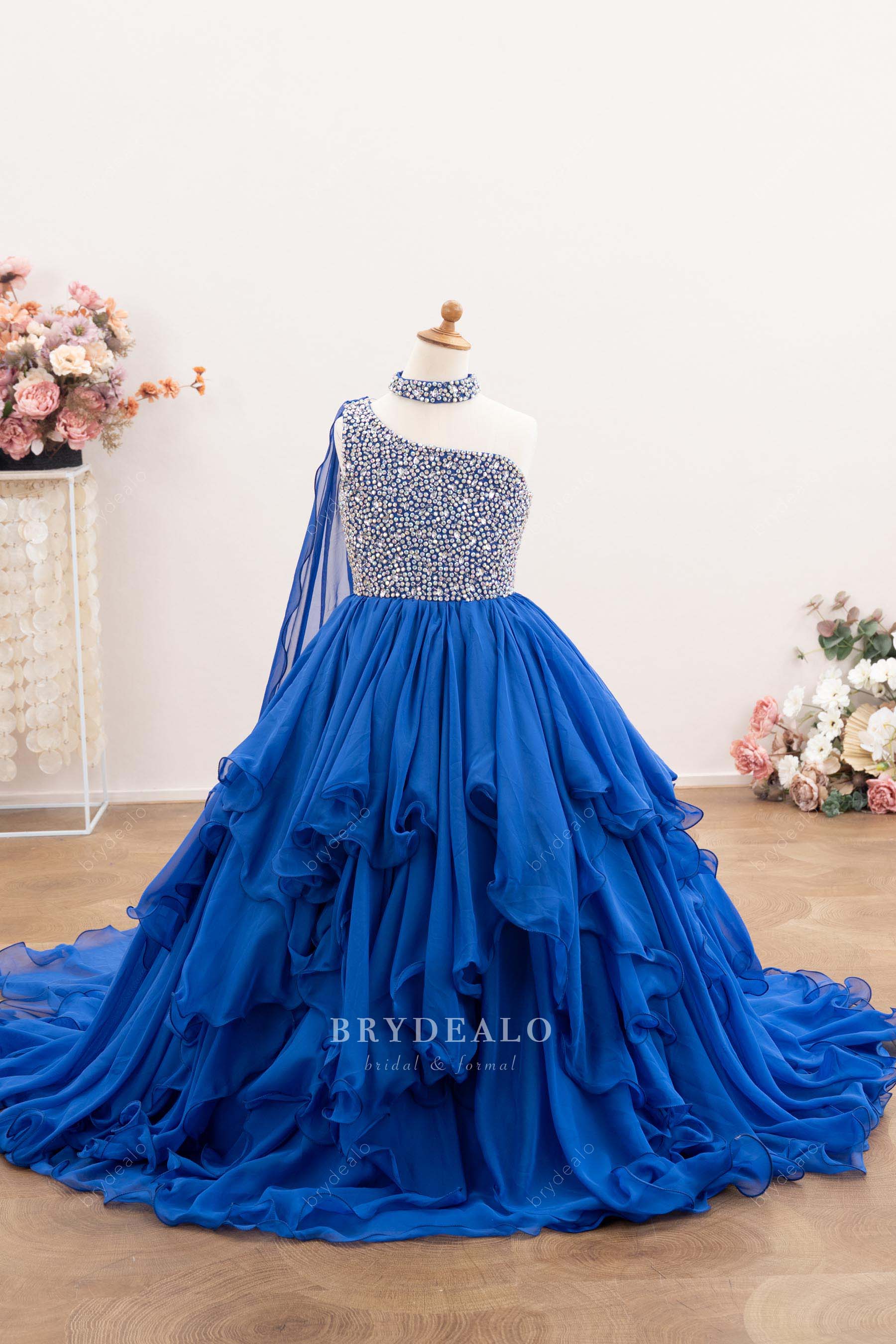 sparkly blue ruffled kids pageant gown