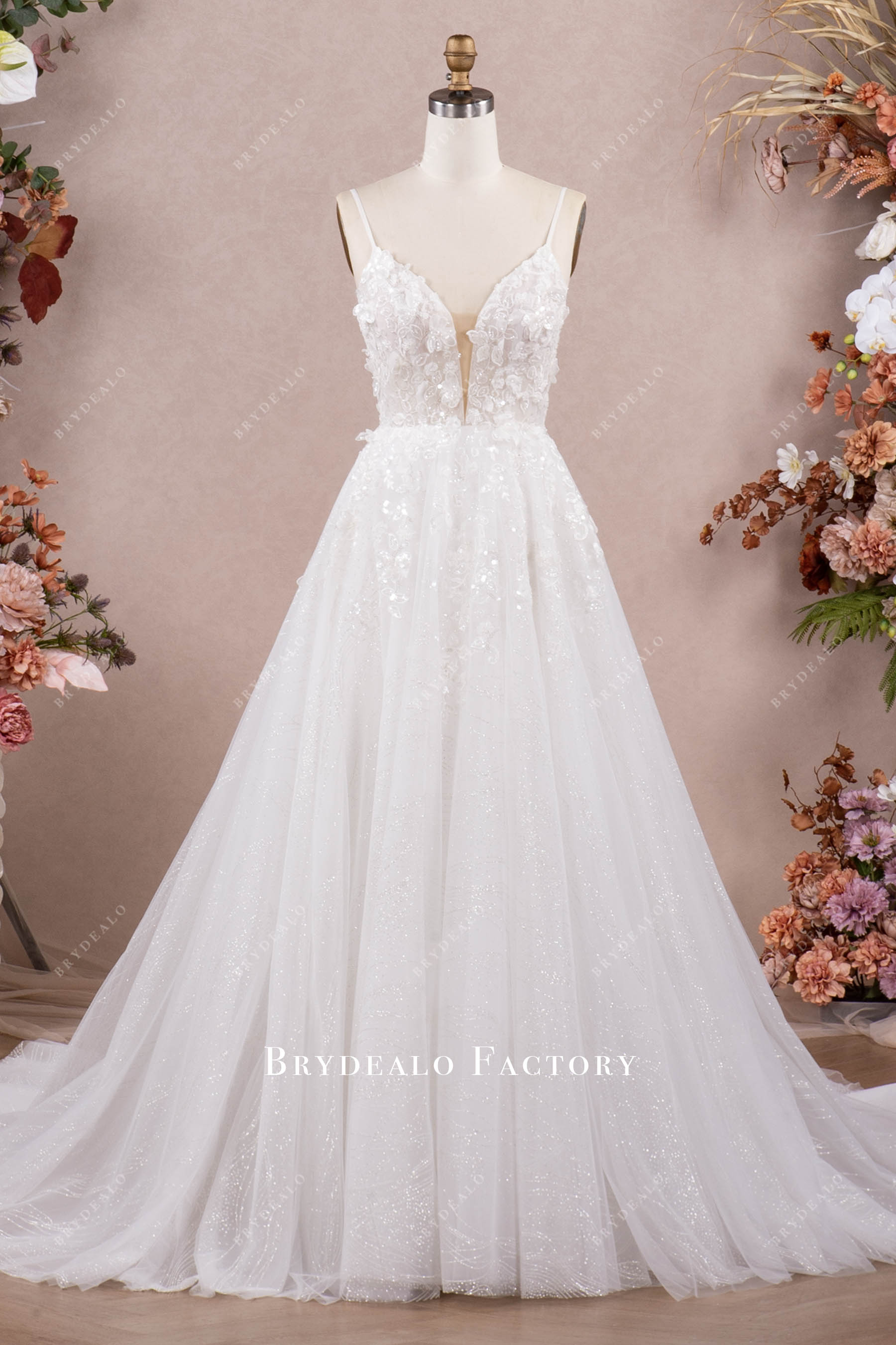 sparkly flower lace Aline wedding dress