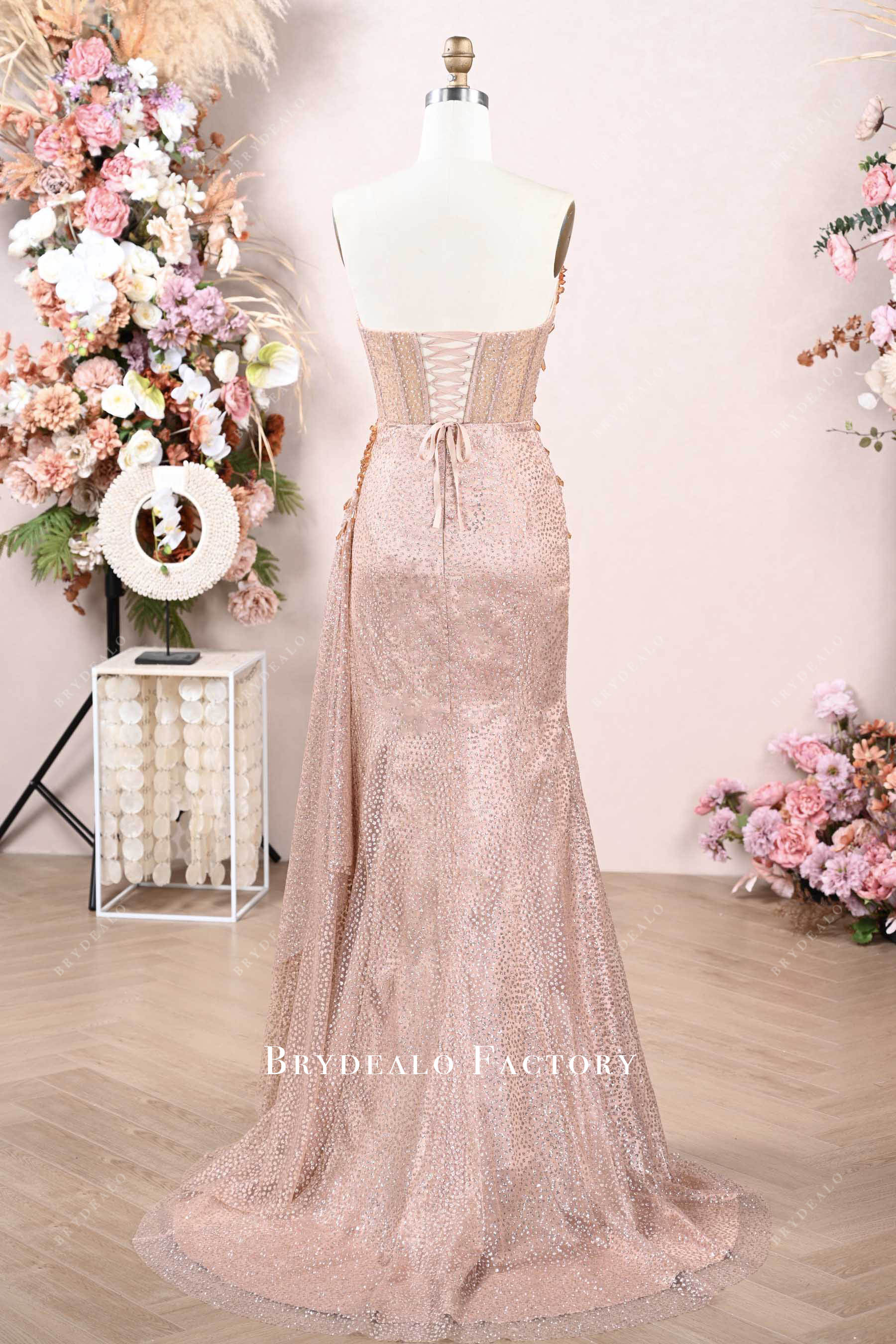 sparkly nude corset panel prom dress