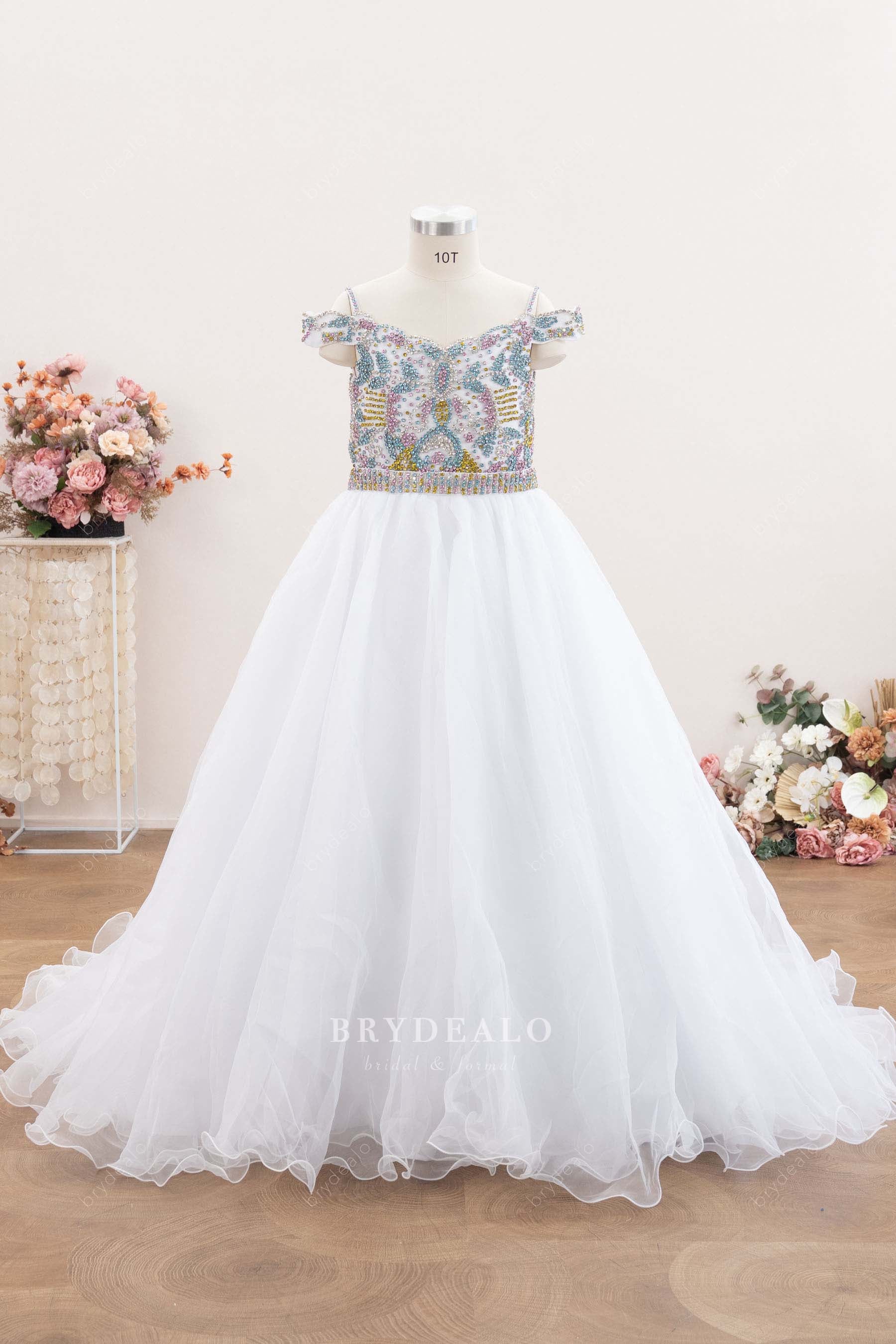 sparkly off-shoulder rhinestone kids ballgown