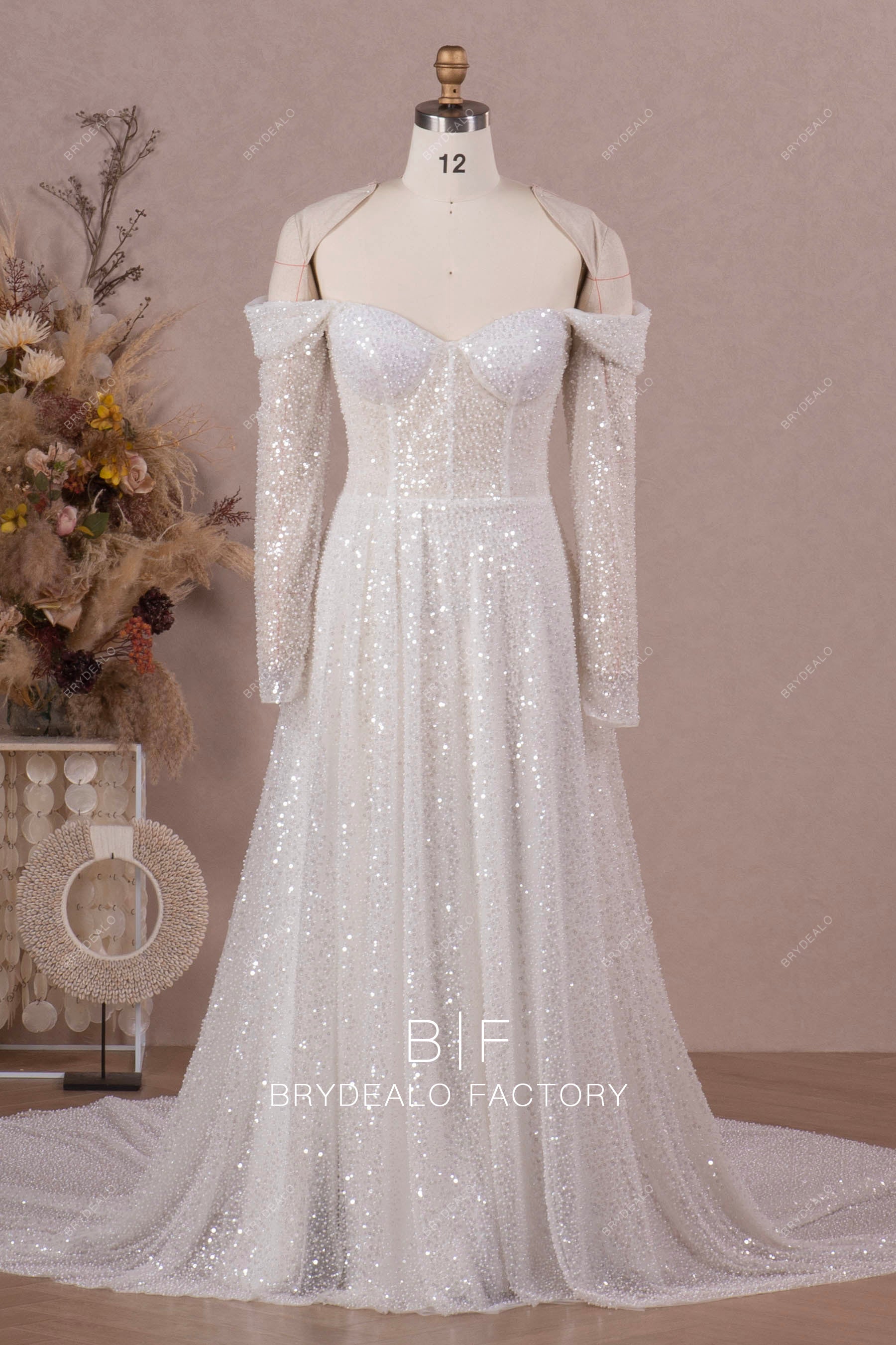 sparkly off shoulder sleeve wedding dress