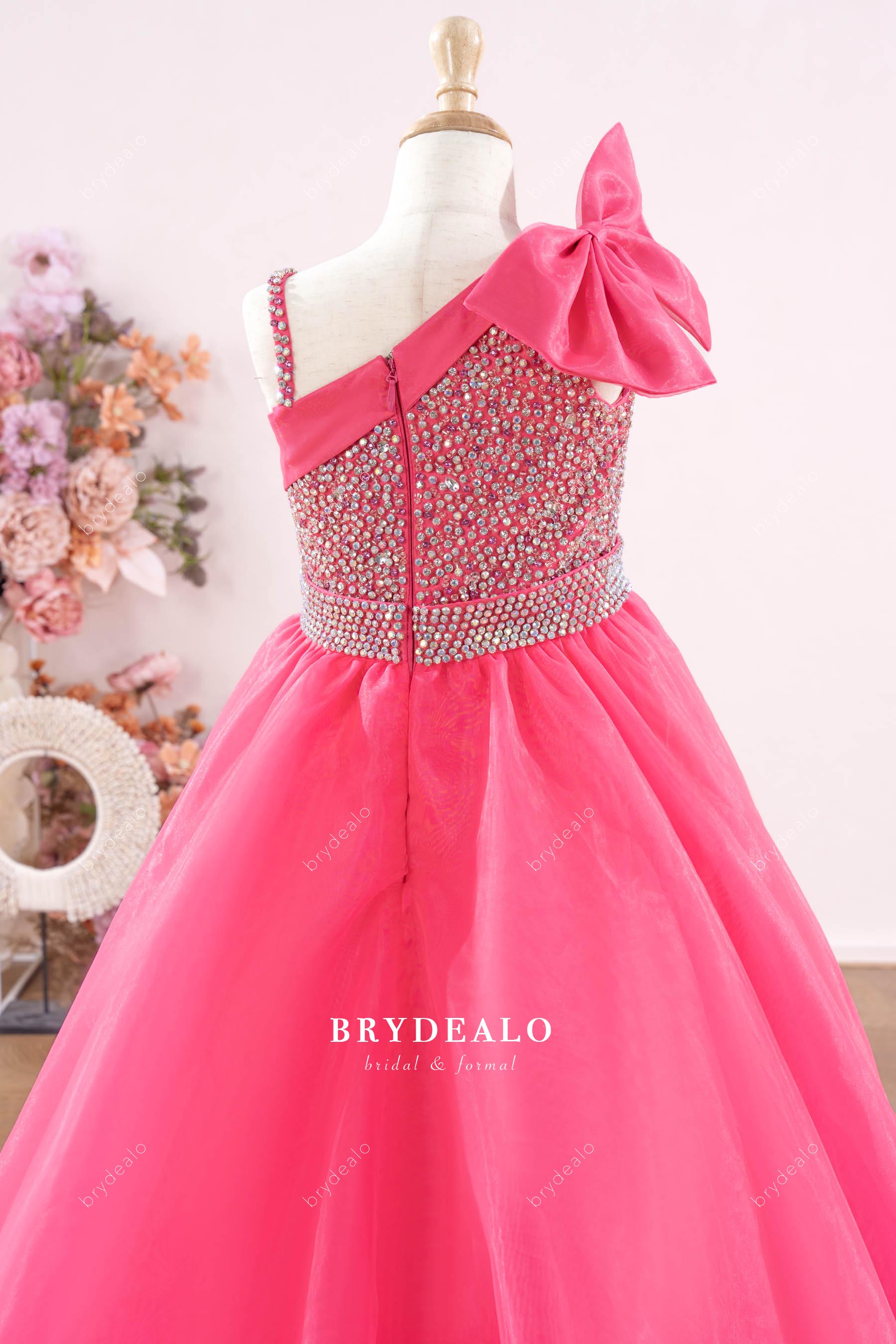 Hot Pink Bowknot One Shoulder Rhinestone Junior Pageant Dress