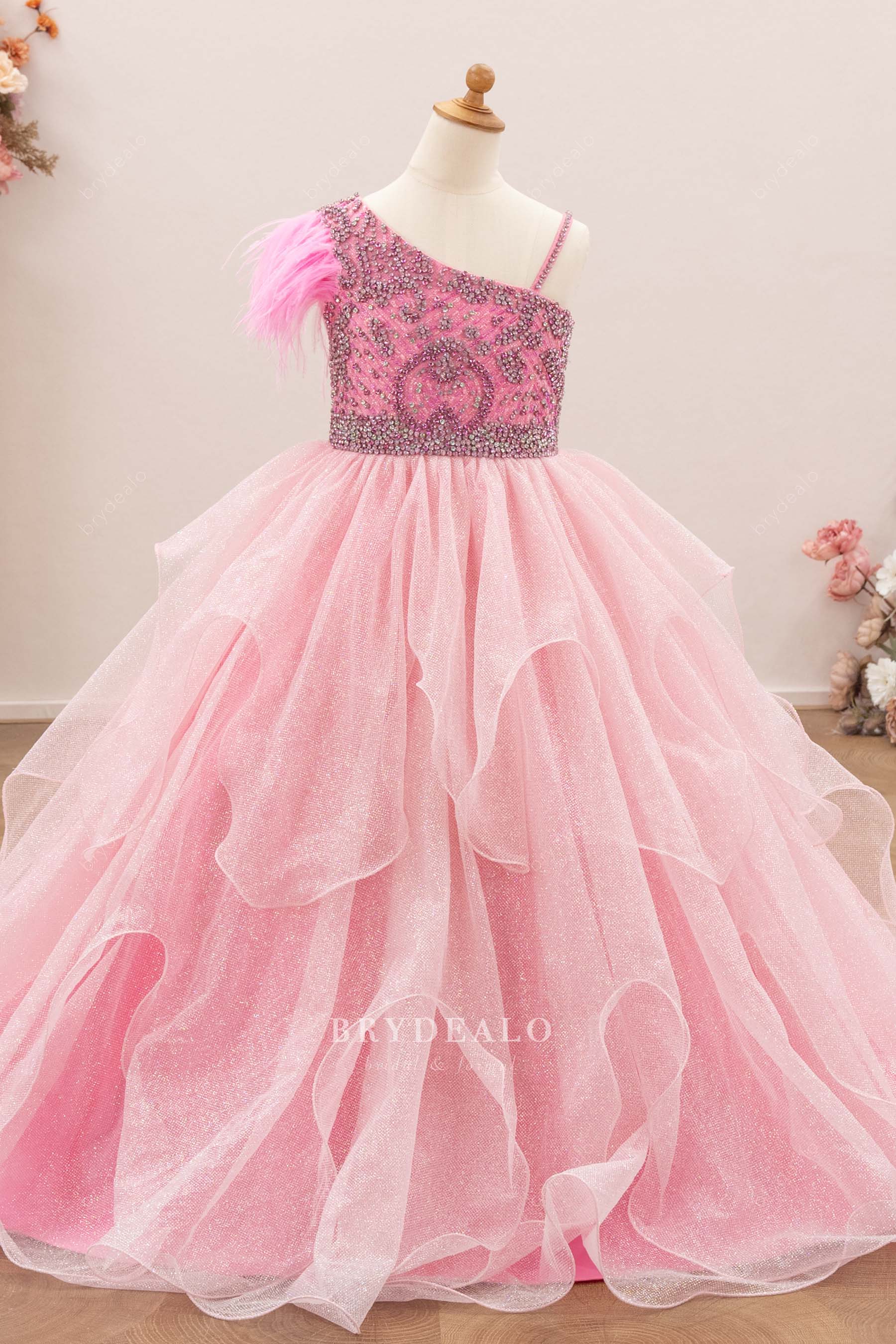 sparkly pink ruffled kids pageant gown
