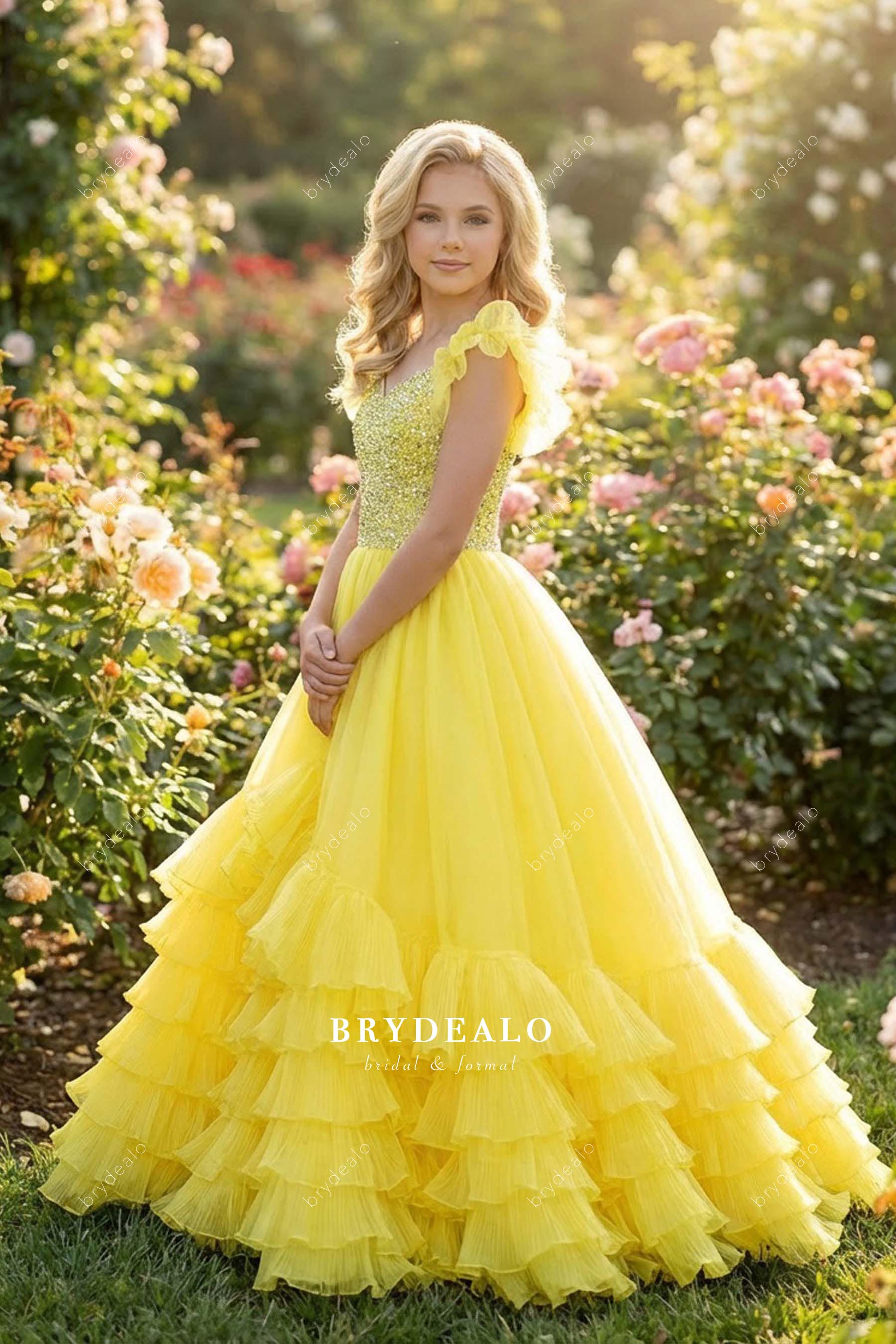 sparkly rhinestone tiered little girl pageant gown