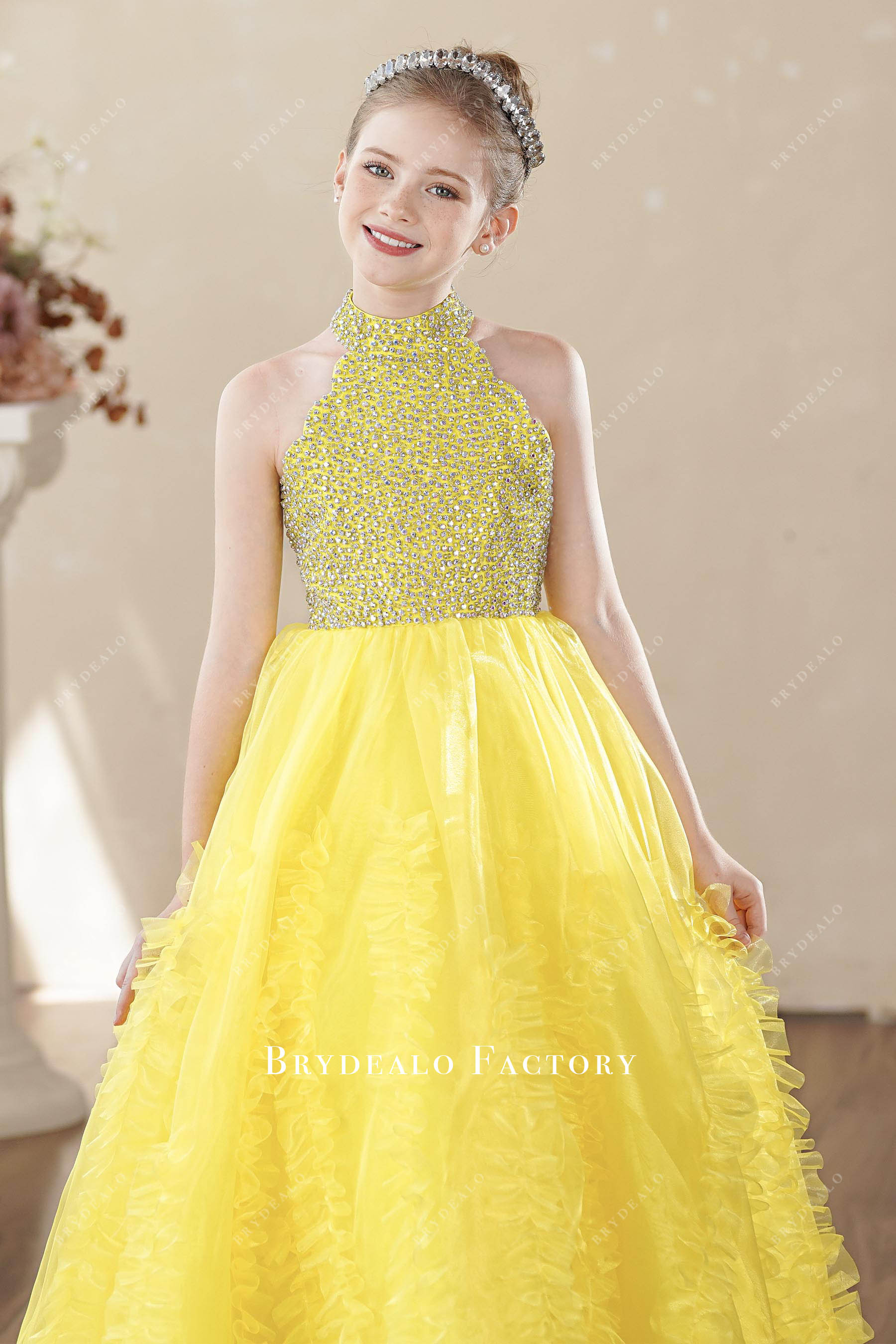 sparkly rhinestone yellow young girl pageant dress