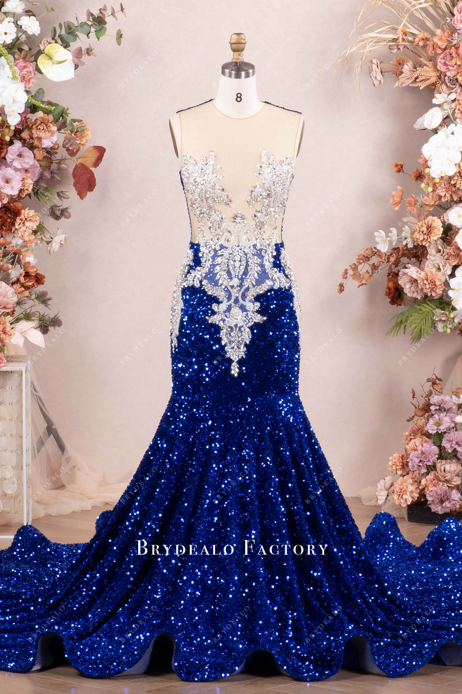 Sparkly Royal Blue Velvet Sequin Mermaid Prom Dress