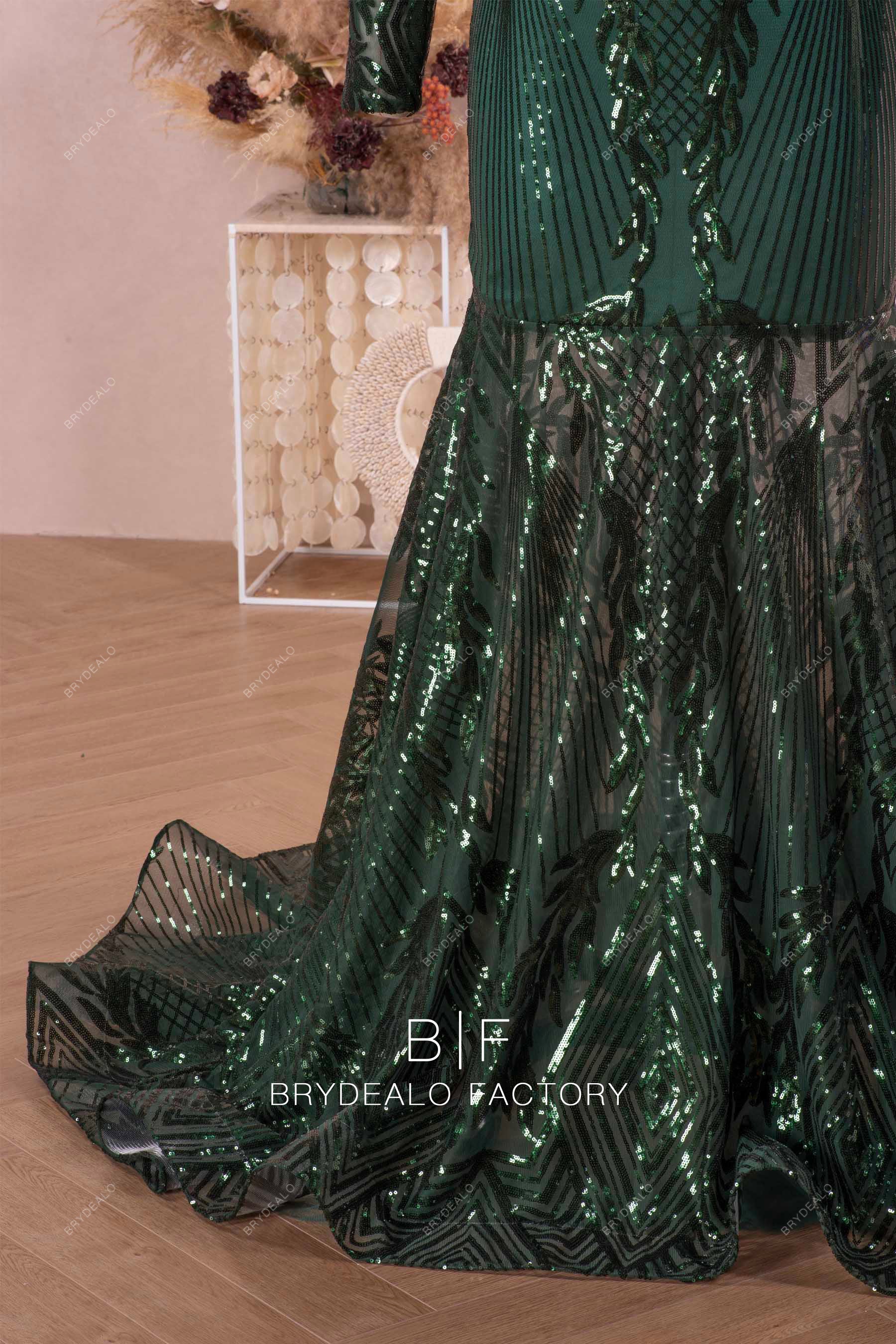 Sparkly Dark Green Straight Neck Sleeved Prom Dress