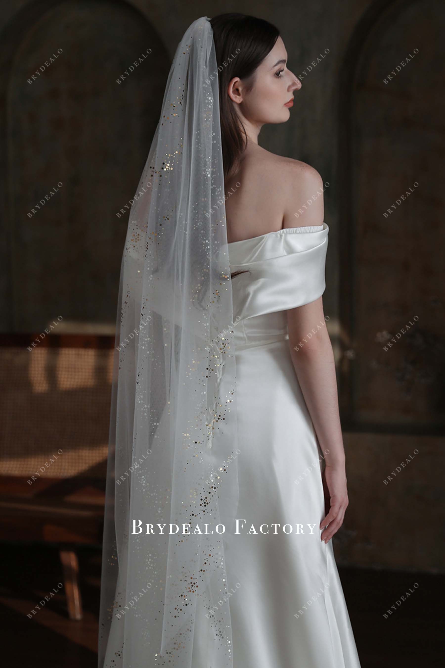 sparkly sequined raw cut bridal veil