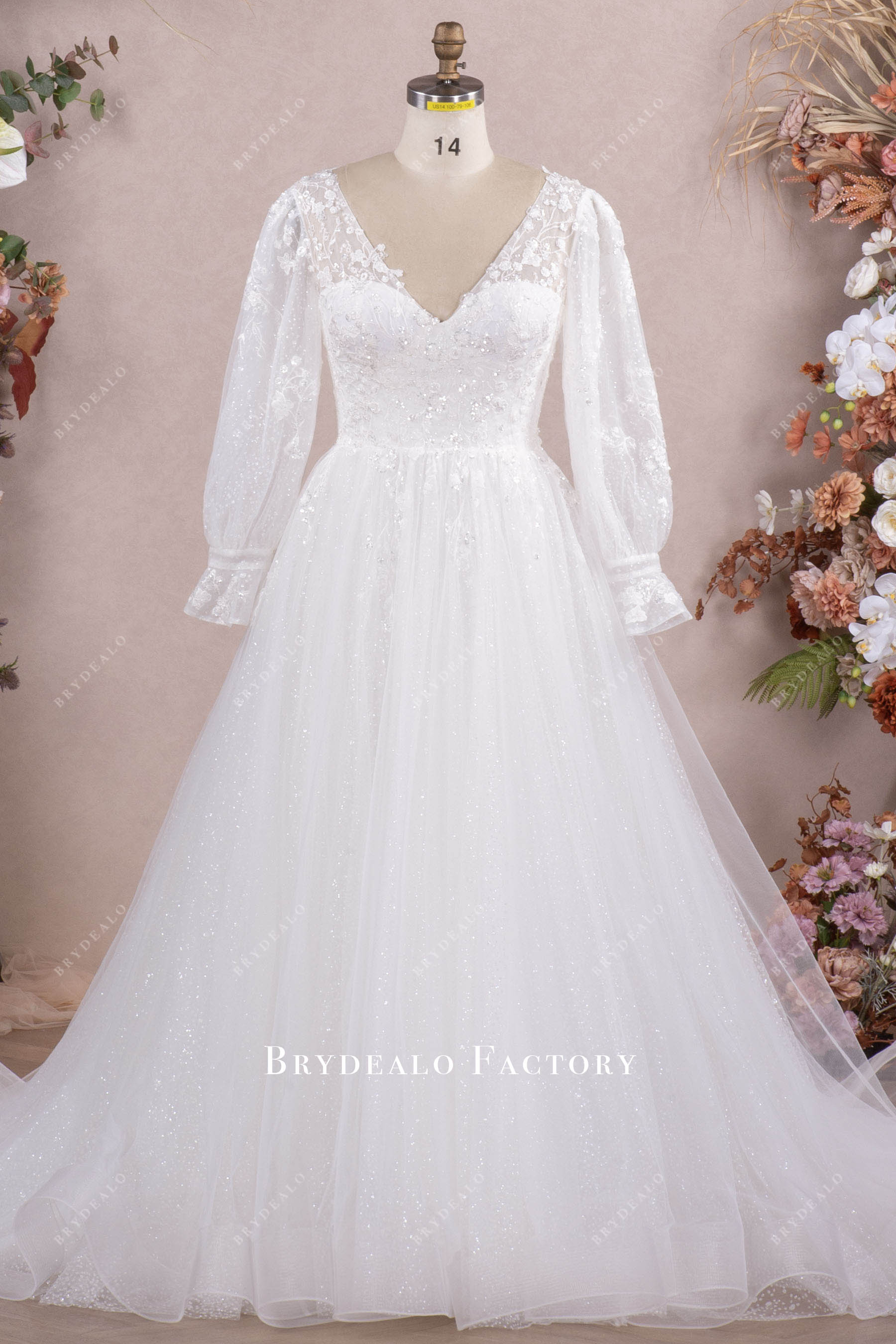 sparkly sleeved Aline wedding dress