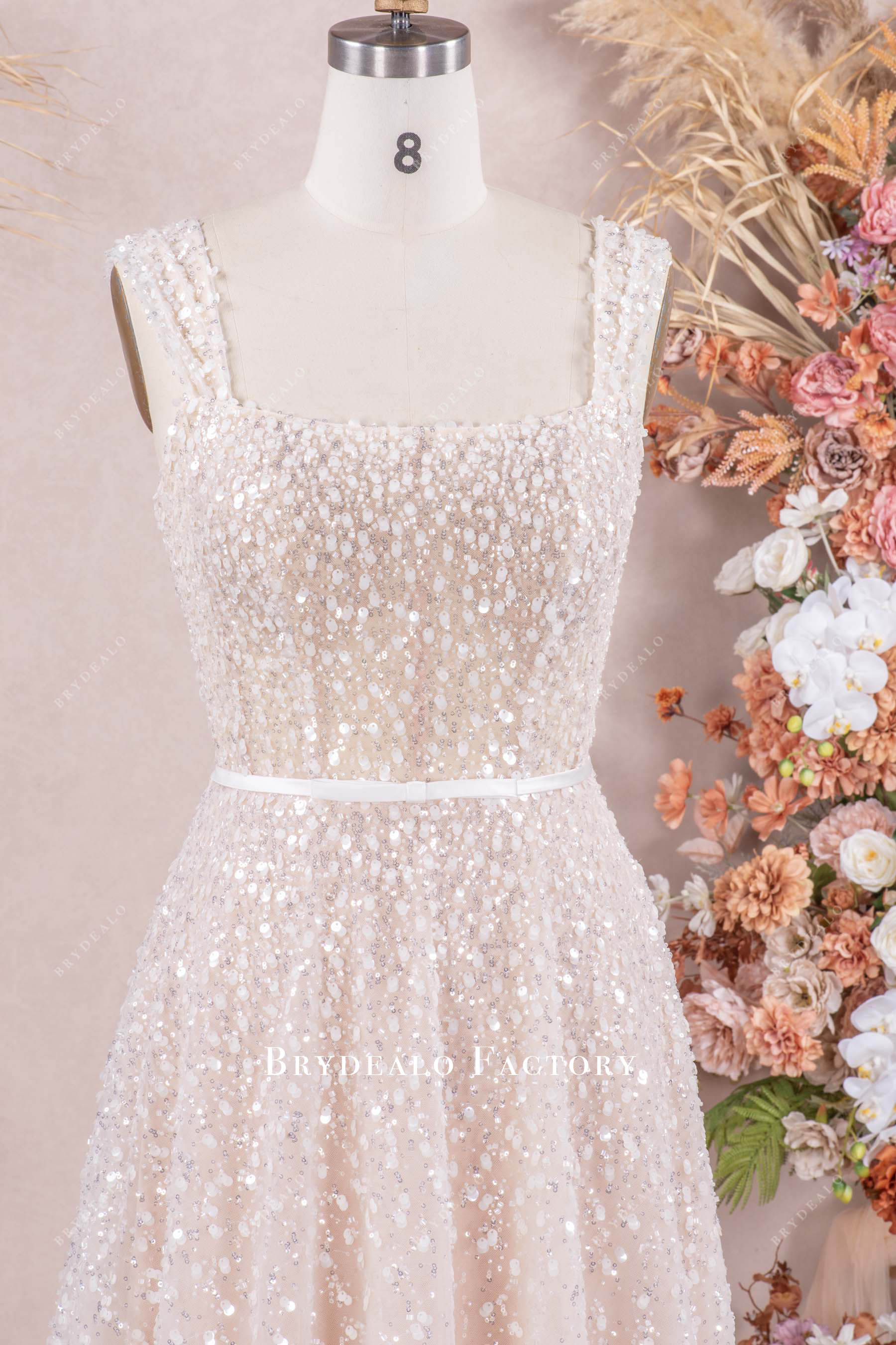 sparkly wide straps square neck wedding dress