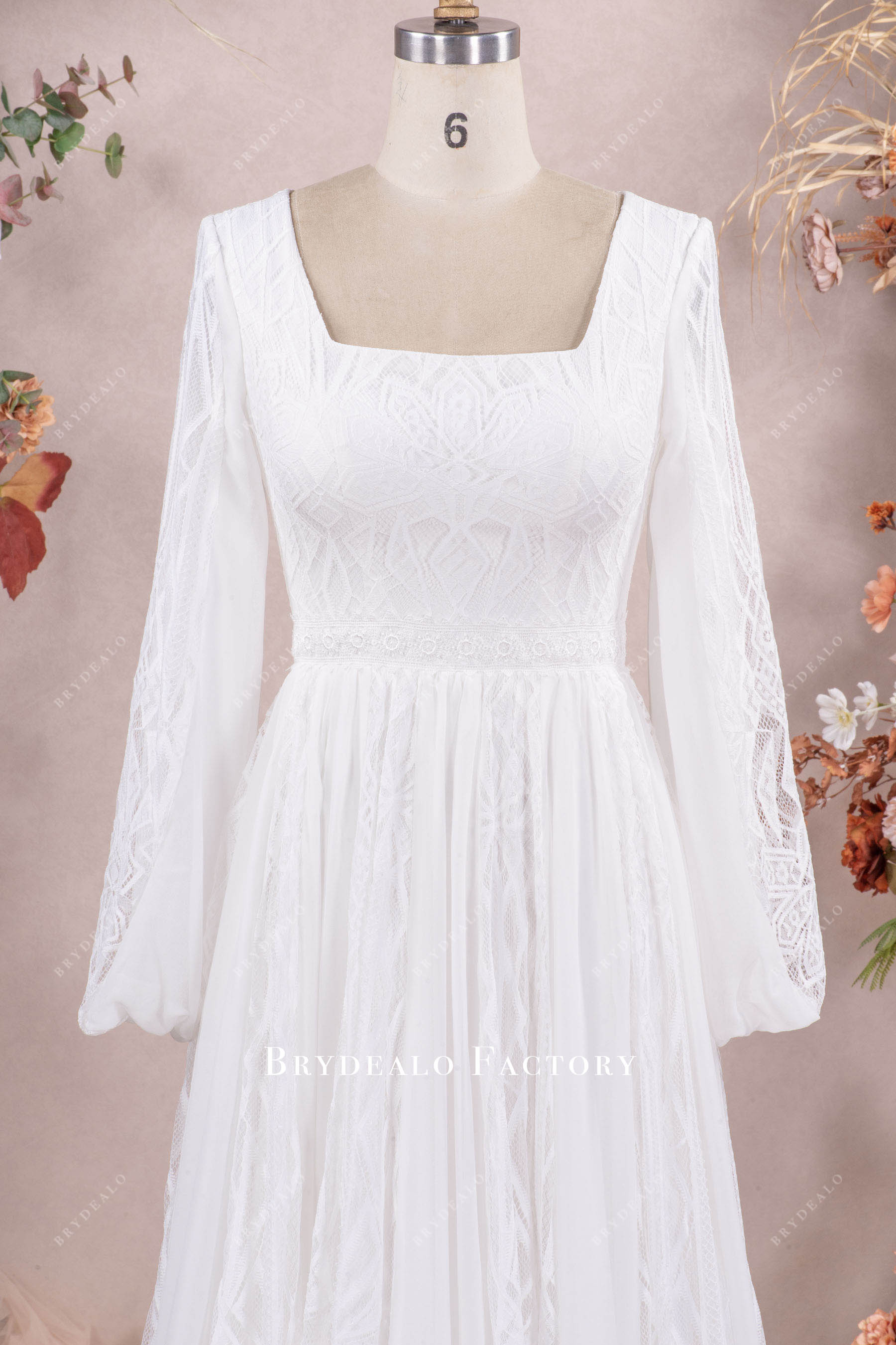 square neck bubble sleeve wedding dress