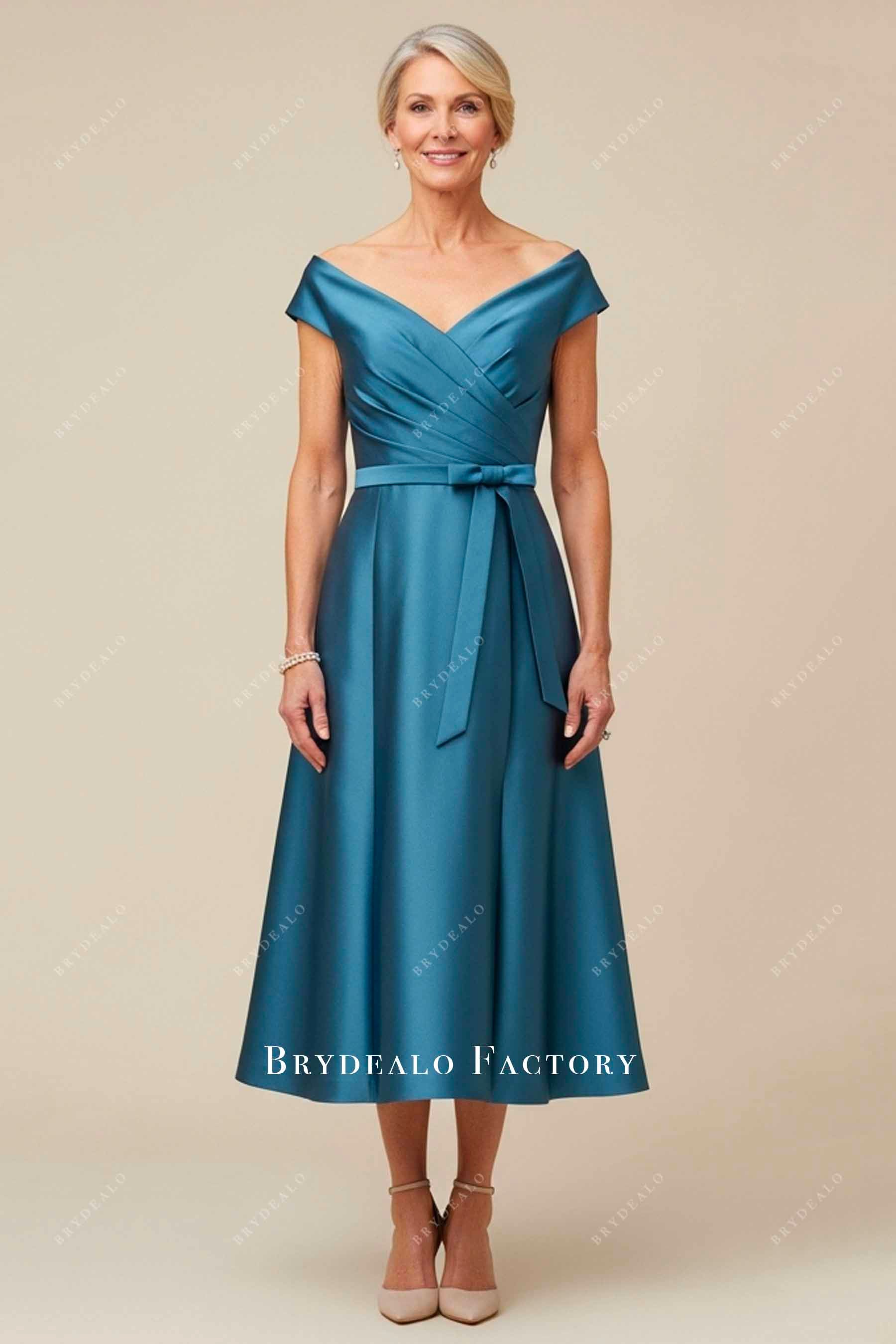 steel blue off-shoulder mother of bride dress