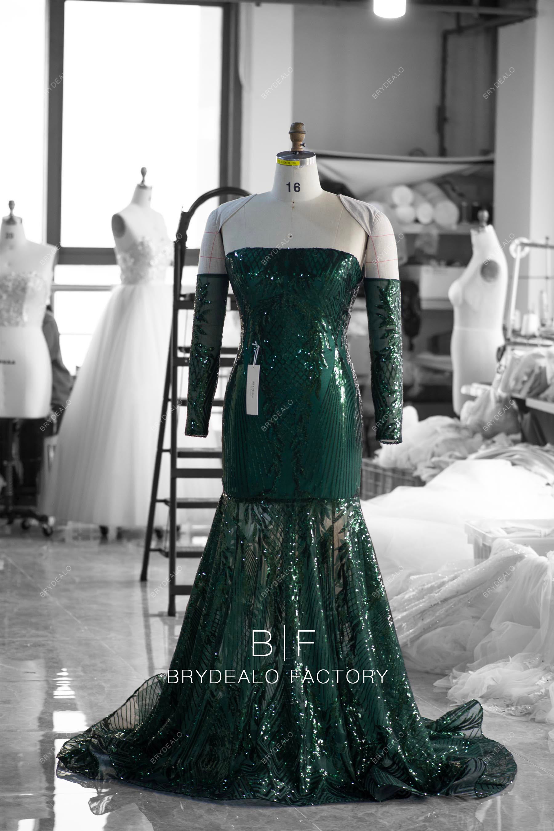 Sparkly Dark Green Straight Neck Sleeved Prom Dress