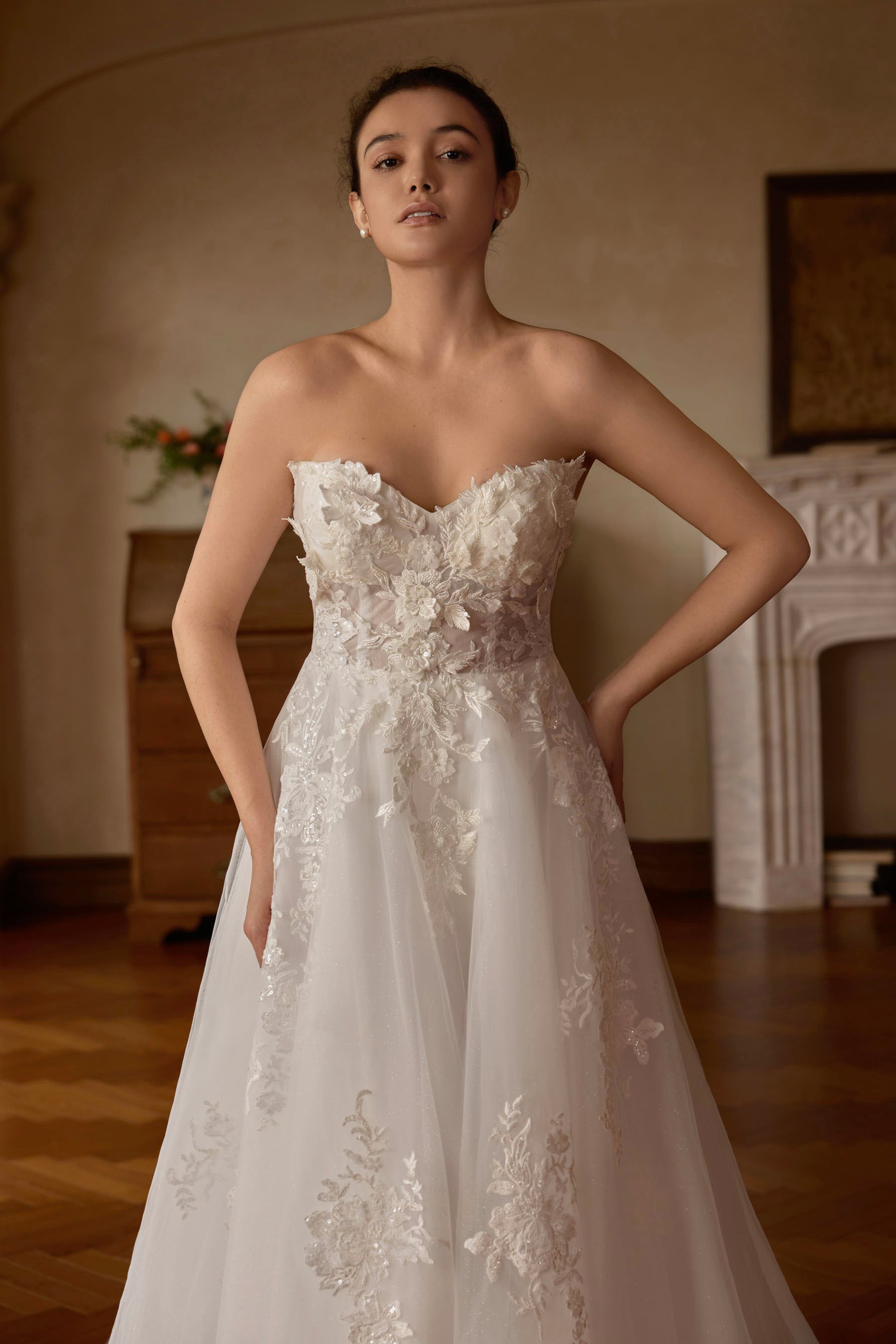 strapless 3D lace wedding dress