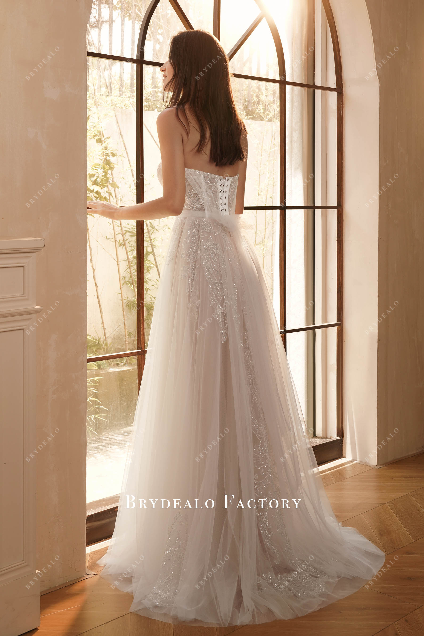 strapless A-line beaded lace wedding dress