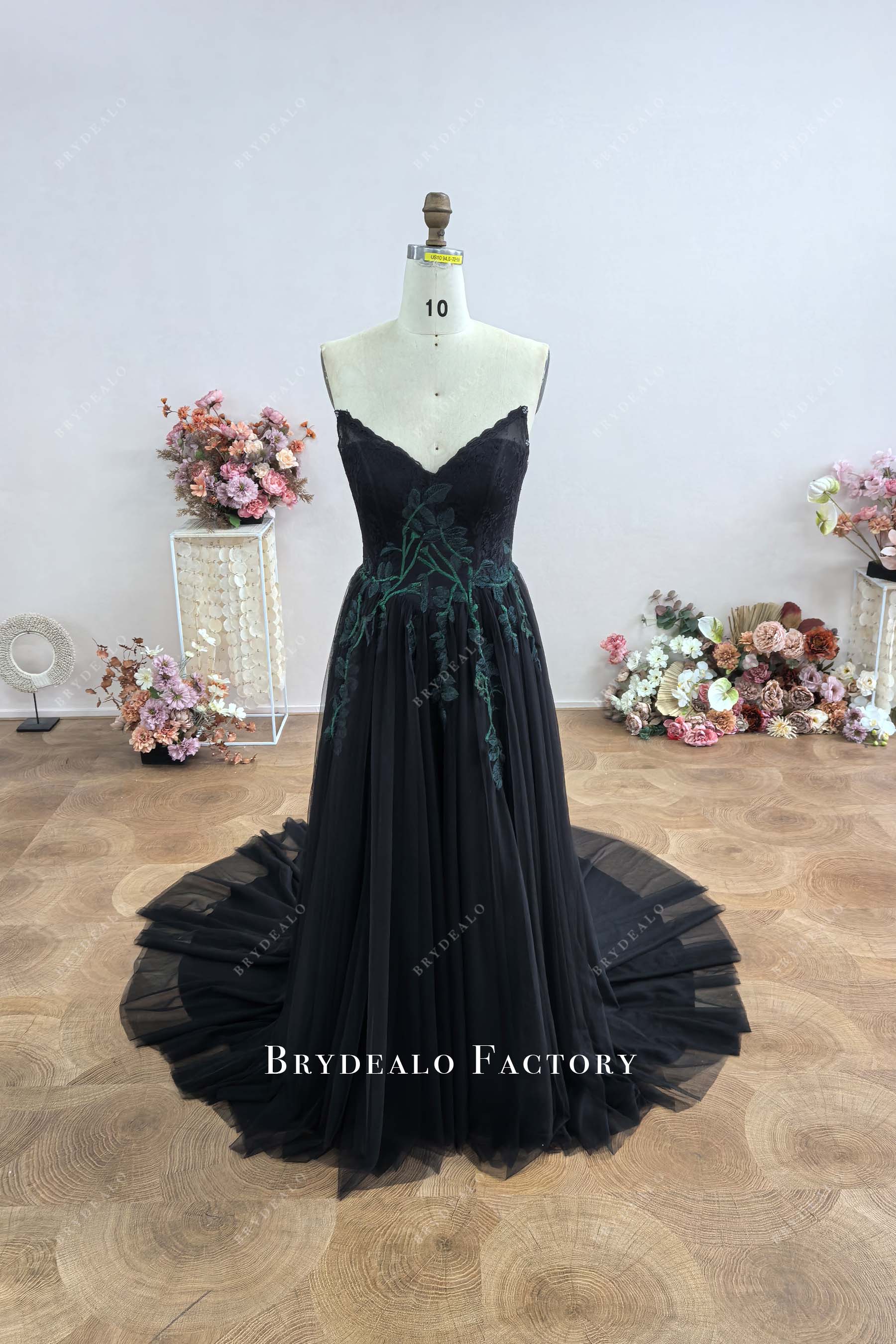 strapless V-neck black wedding dress