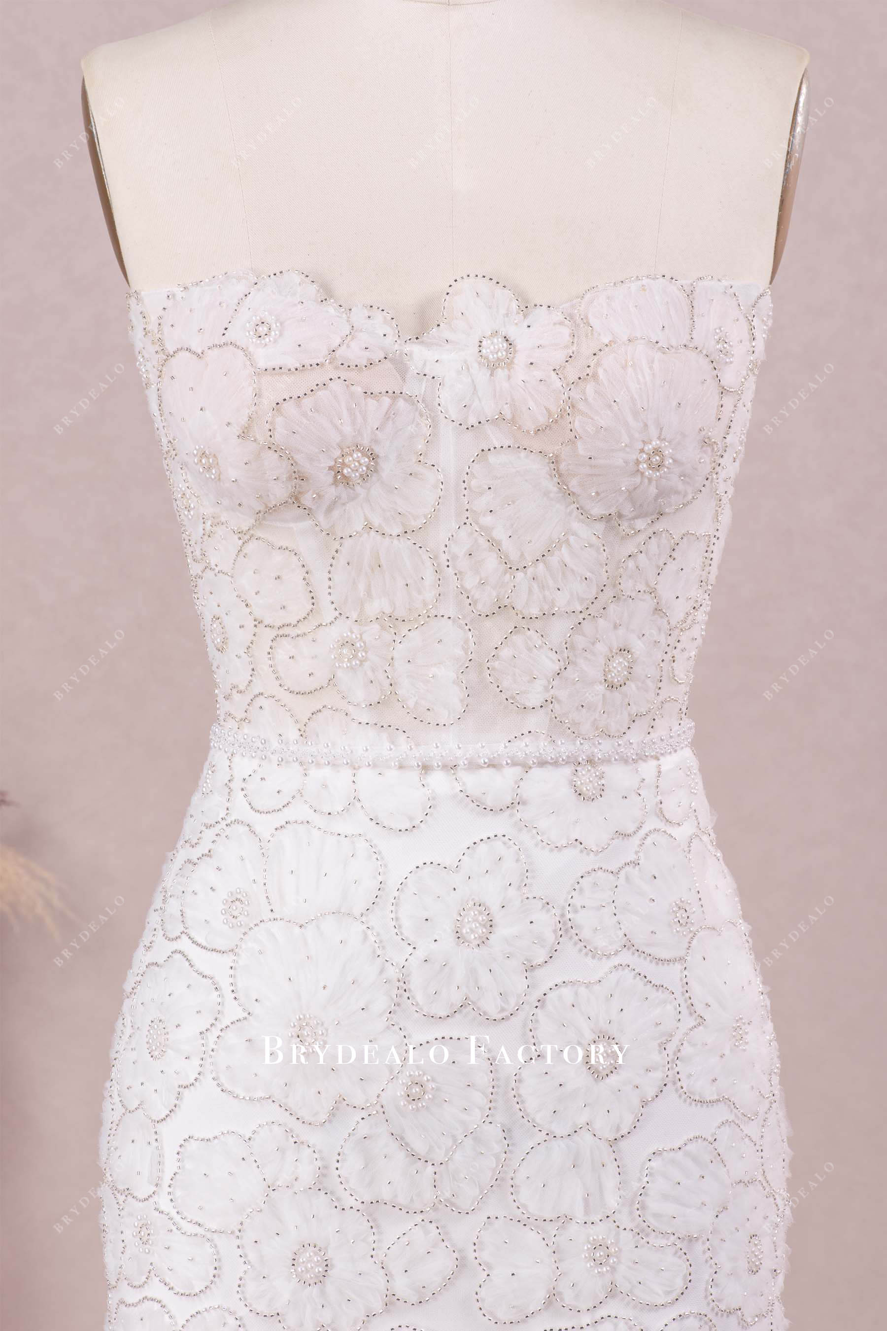 strapless beaded flower lace bridal gown