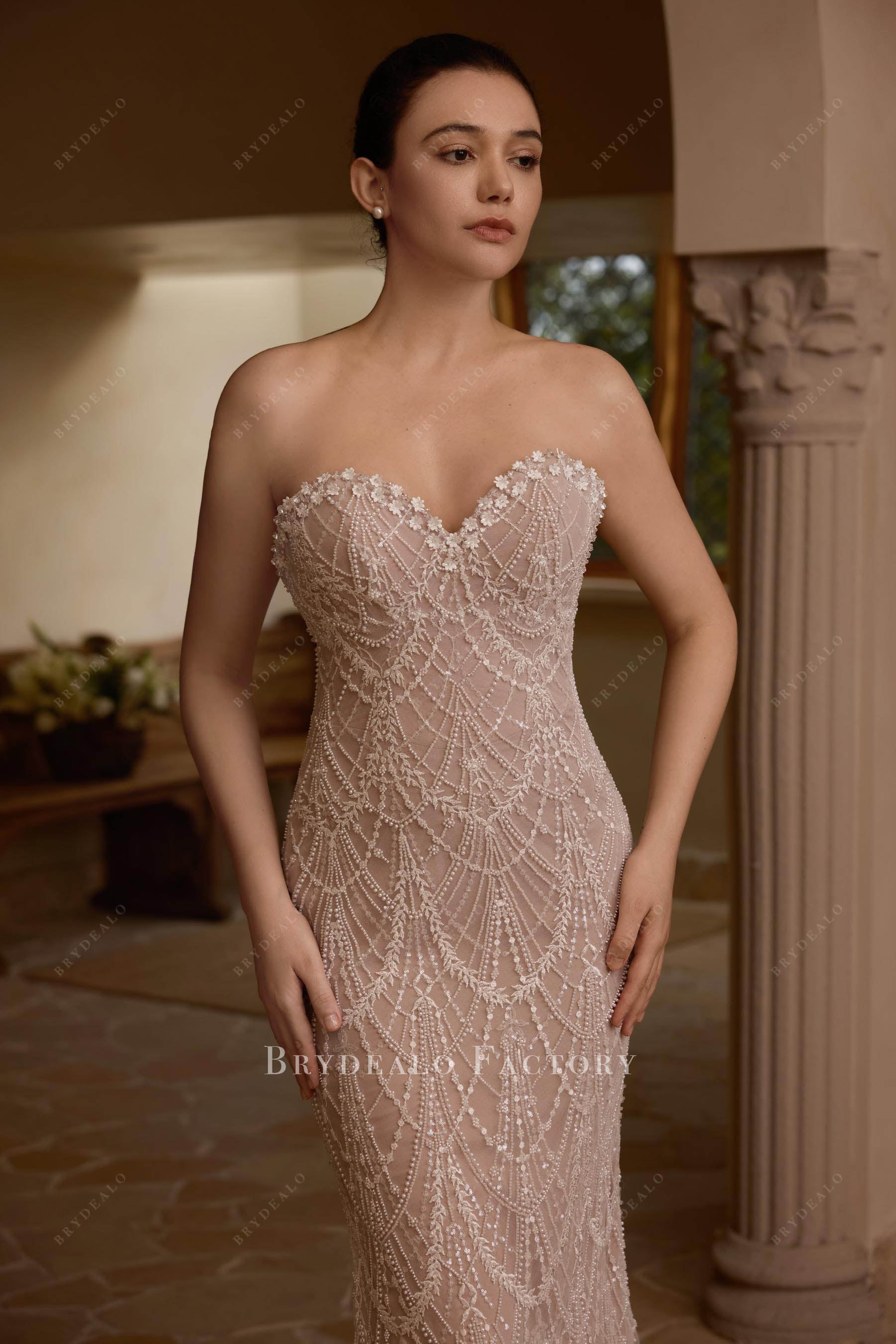 strapless beaded lace bridal gown sample