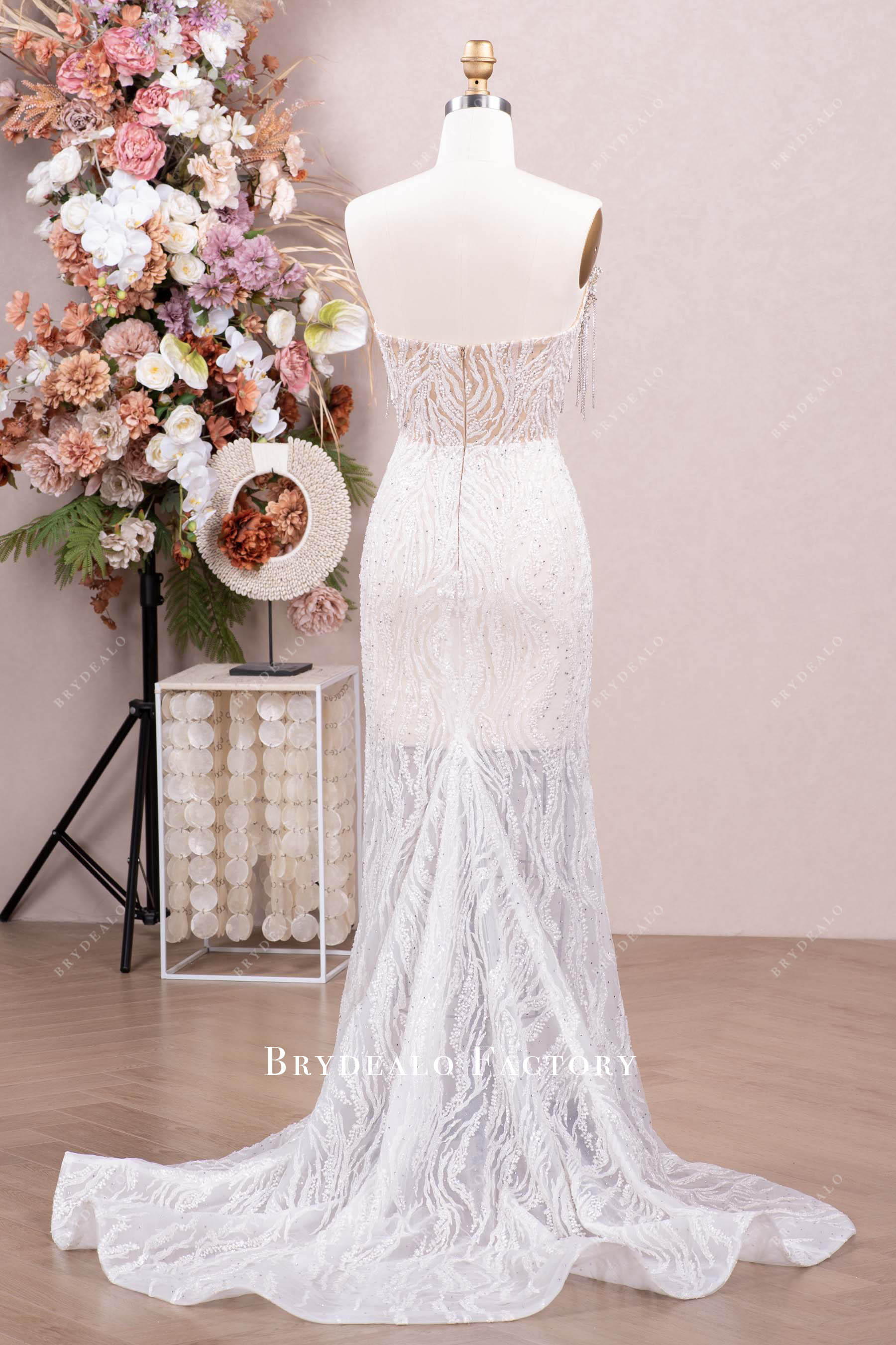 strapless beaded lace ruffled long train wedding dress