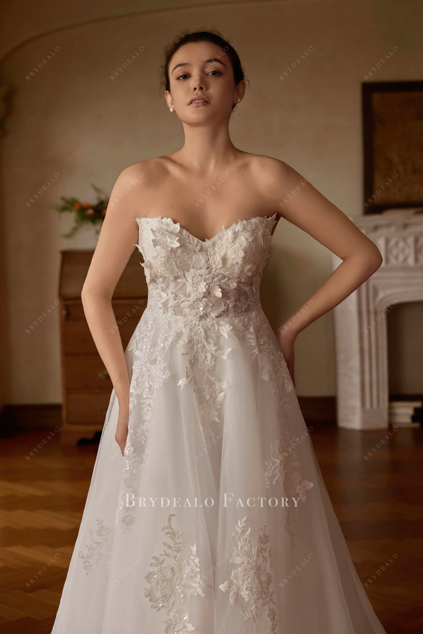 strapless beaded lace wedding dress