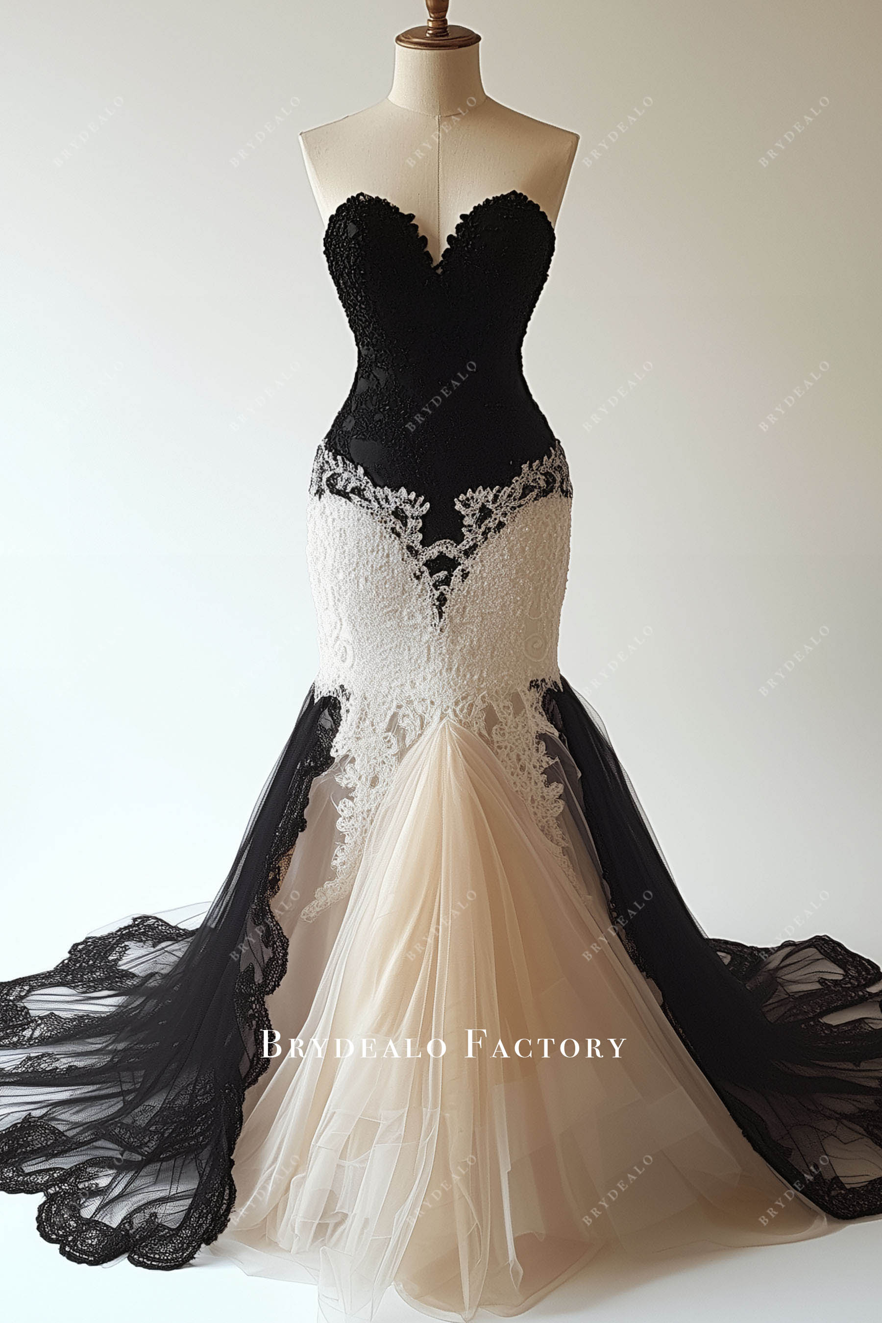 strapless black lace nude tulle wedding dress